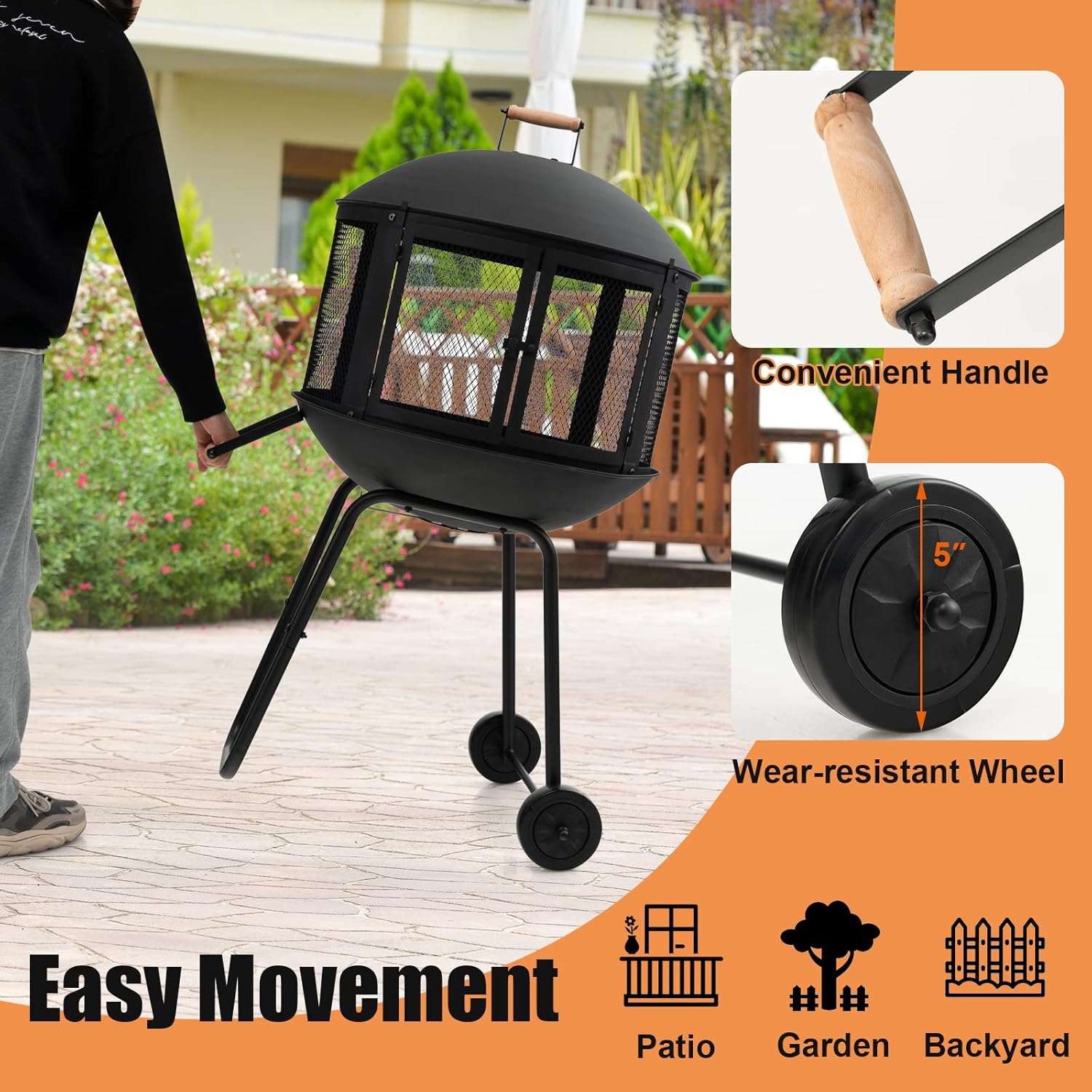 Tangkula Portable Fire Pit with Wheels, 28 Inch Wood Burning Fire Pit with Log Grate, Poker, Rolling Patio Fireplace Wooden Bonfire Firepit for Outdoor Entertaining Black