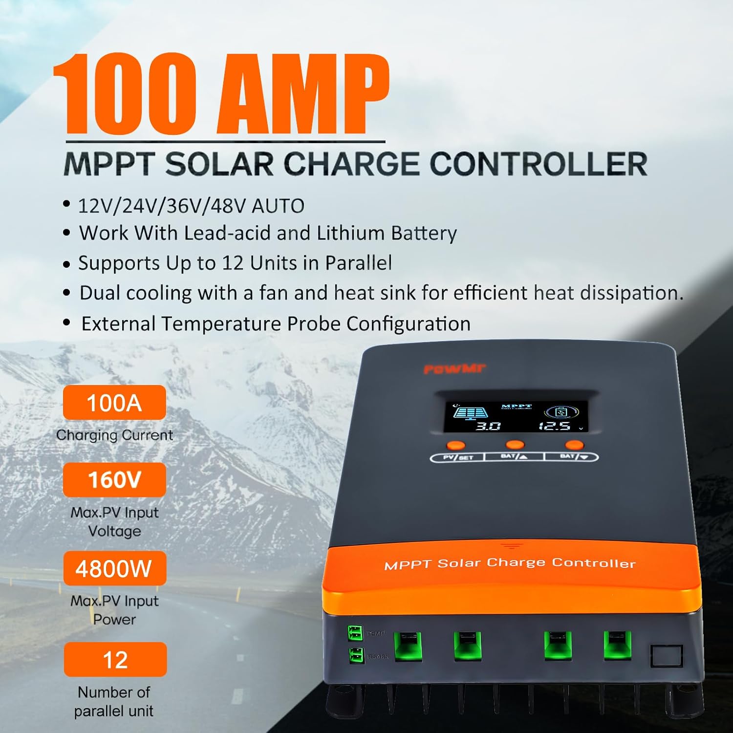 MPPT 100A Solar Charge Controller 12V/24V/48V Auto Max.PV Input 150V, Support up to 12 Parallel Connection & 60 Feet Solar Cable