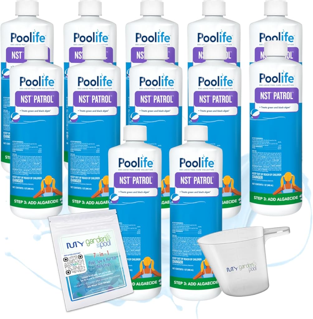 Poolife NST Patrol – Fast-Acting Algaecide with 50% Quat for Green & Black Algae Control – Low-Dosing Weekly Formula – Includes 7-in-1 Test Strips, Measuring Cup & Pool-IQ AI Assistant 12 Pack