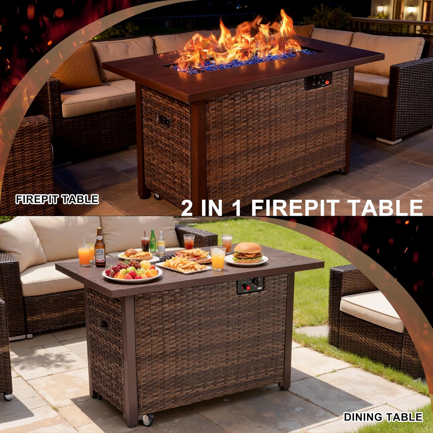 42 Inch Propane Fire Pit Table, 50,000 BTU Outdoor Gas Fire Pits with Removable Lid, 2 in 1 Rectangular Firepit Table for Outside Patio Deck and Garden