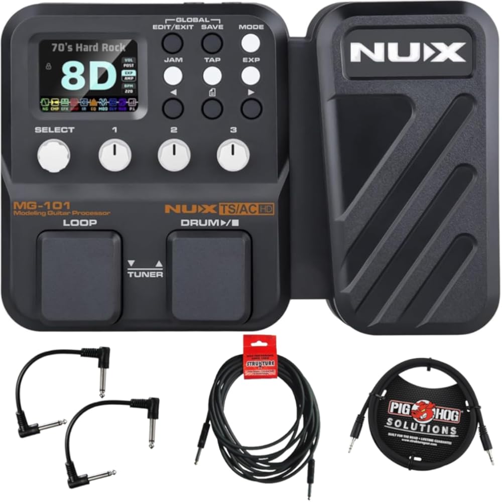 NUX MG-101 Amp Modeler and Guitar Effects Processor - Bundle with 2 Patch Cables, Instrument Cable and Aux Cable