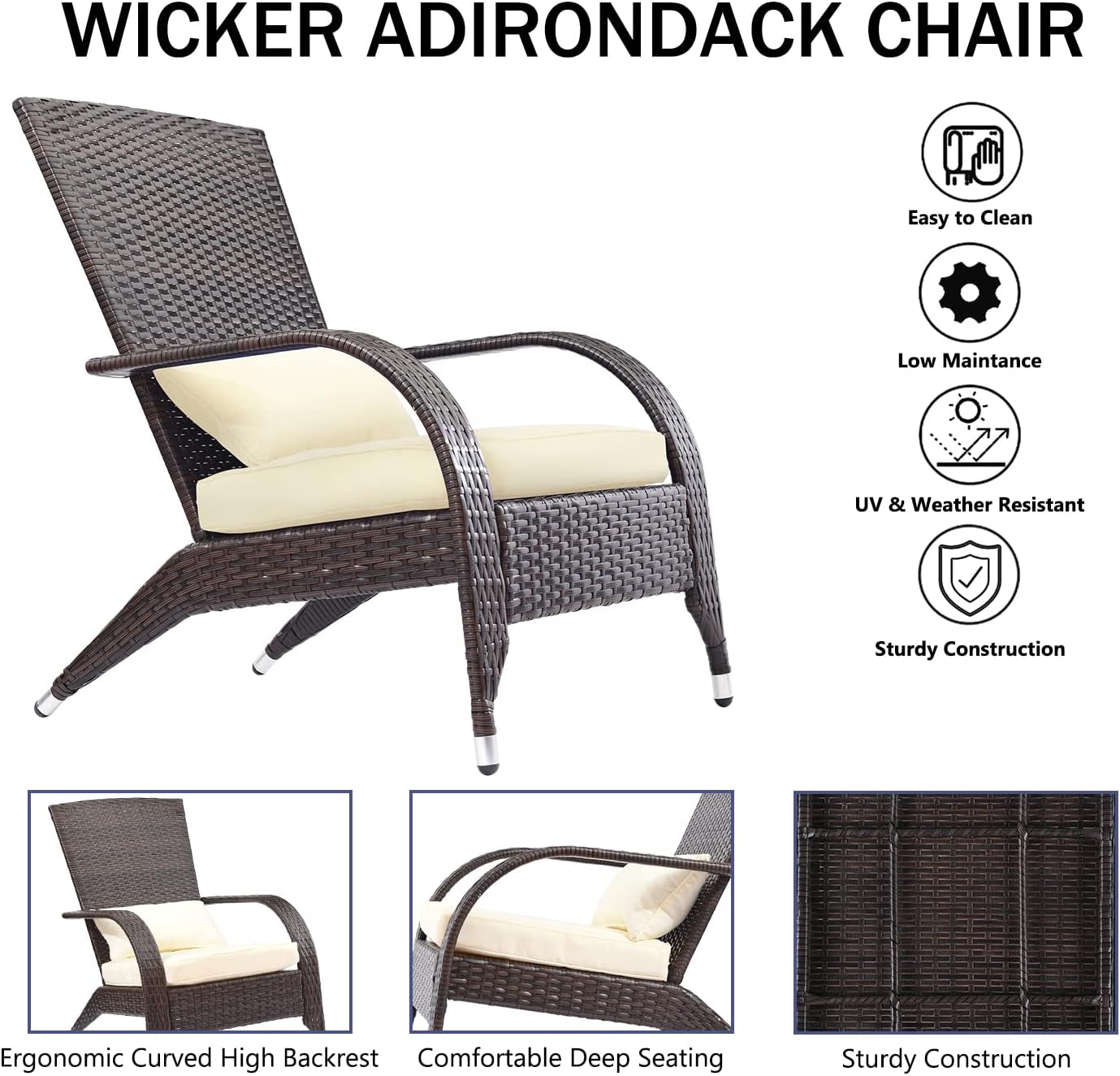Adirondack Chairs Set 2 Outdoor Wicker Rattan Fire Pit Chairs Oversized Comfy Relax Accent Patio Chairs with Soft Cushion Low Deep Seating Tall Curved Backrest for Outside Backyard Deck Porch Cream