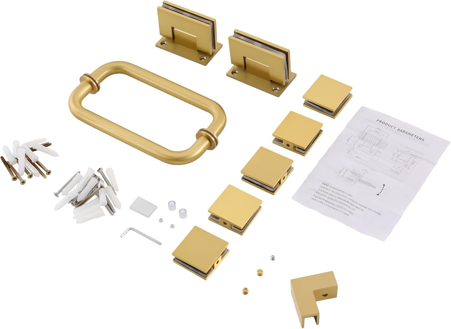 Shower Hardware Accessories for Frameless Hinged Shower Doors, 99 LBS Load Capacity, Including Hinges and Handles, for 6-12mm Thick Glass Door (5 Glass Clamps + L-Shaped Corner, Gold)