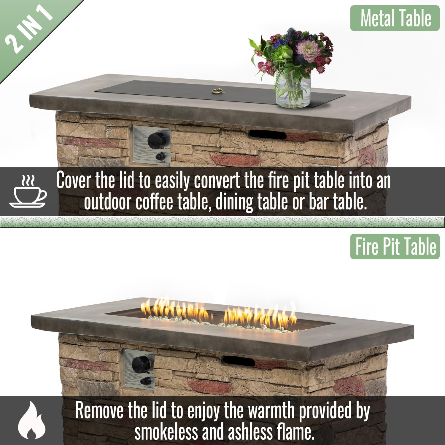 42-inch Rectangular Propane Fire Pit Table, 50000 BTU, Stone-Look Base with Metal Top, Hidden Tank Storage