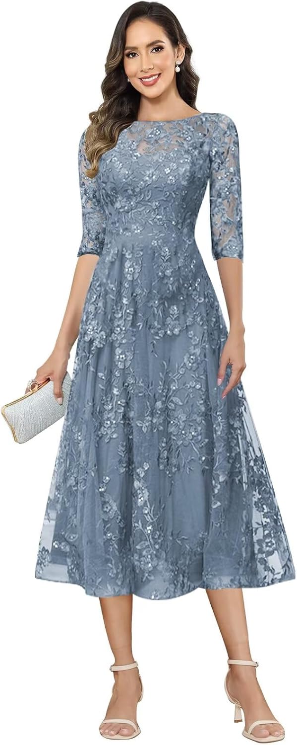 Lace Applique Mother of The Bride Dresses A Line 3/4 Sleeve Evening Formal Cocktail Dresses for Women