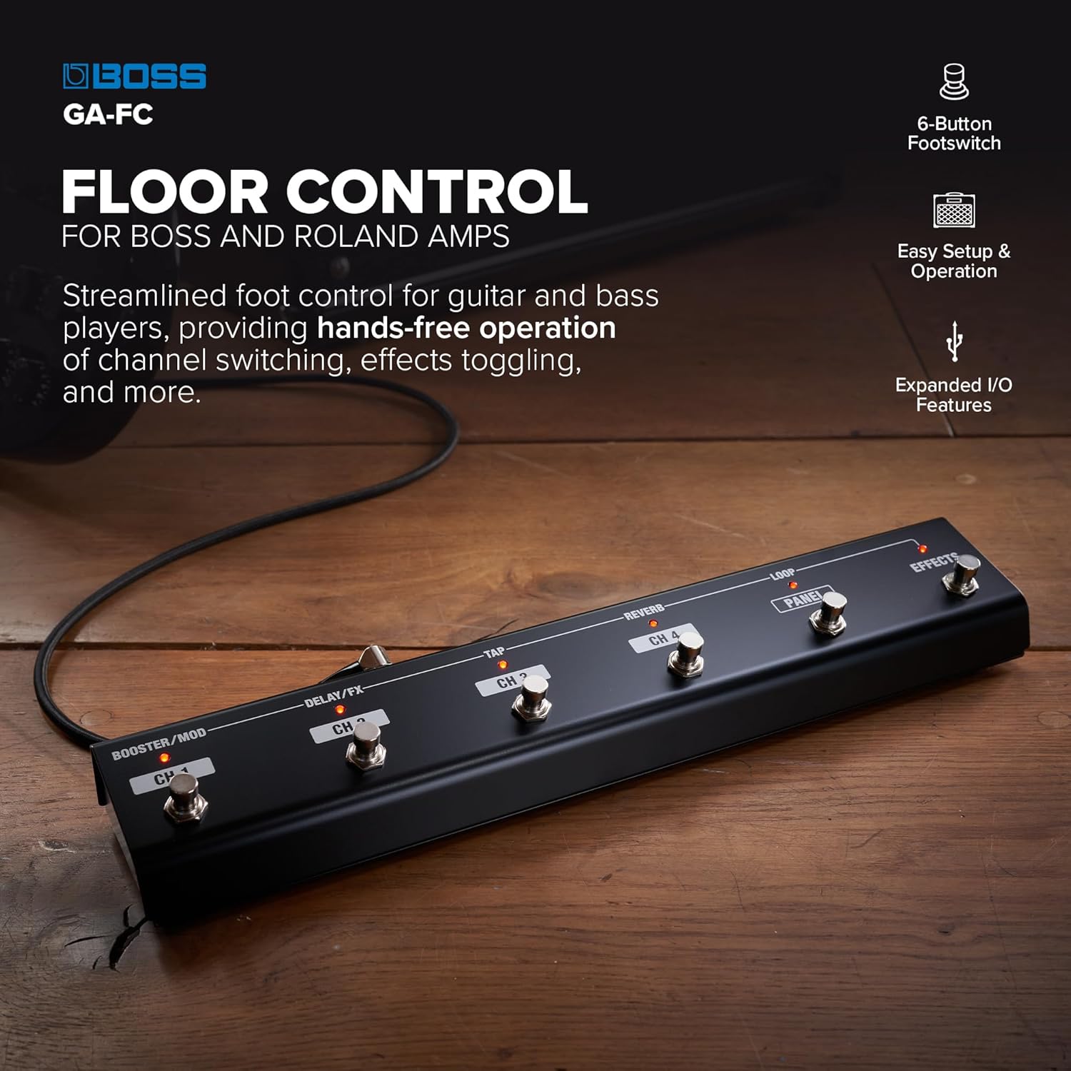 BOSS GA-FC | 6-Button Foot Controller | Hands-Free Control of BOSS/Roland Guitar & Bass Amps | Streamlined Channel Switching | Change Presets & Toggle Effects | Compatible with Most Katana Amps & More