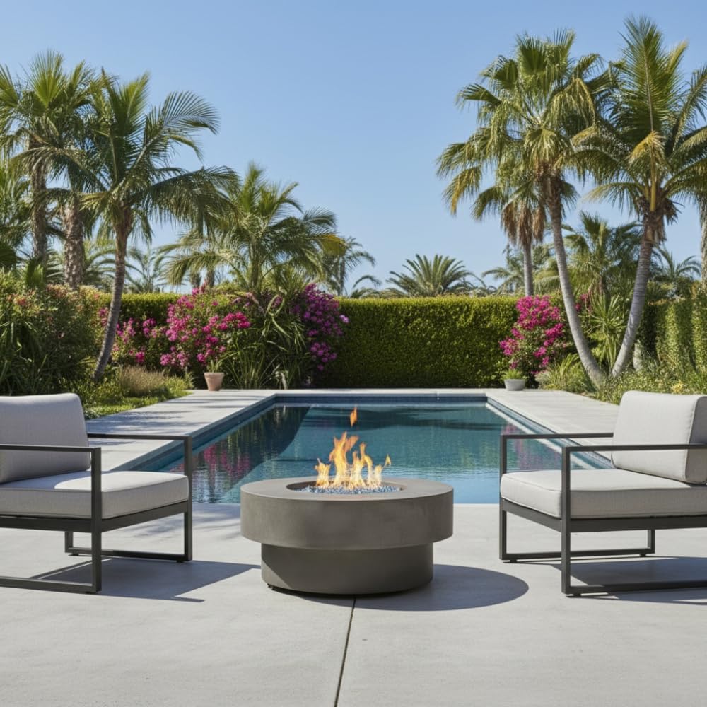 34 Inch Round Propane Fire Pit Table for Outdoor Patio with 50000 BTU Heat Output, Glass Rocks, Weather Cover and Burner Lid
