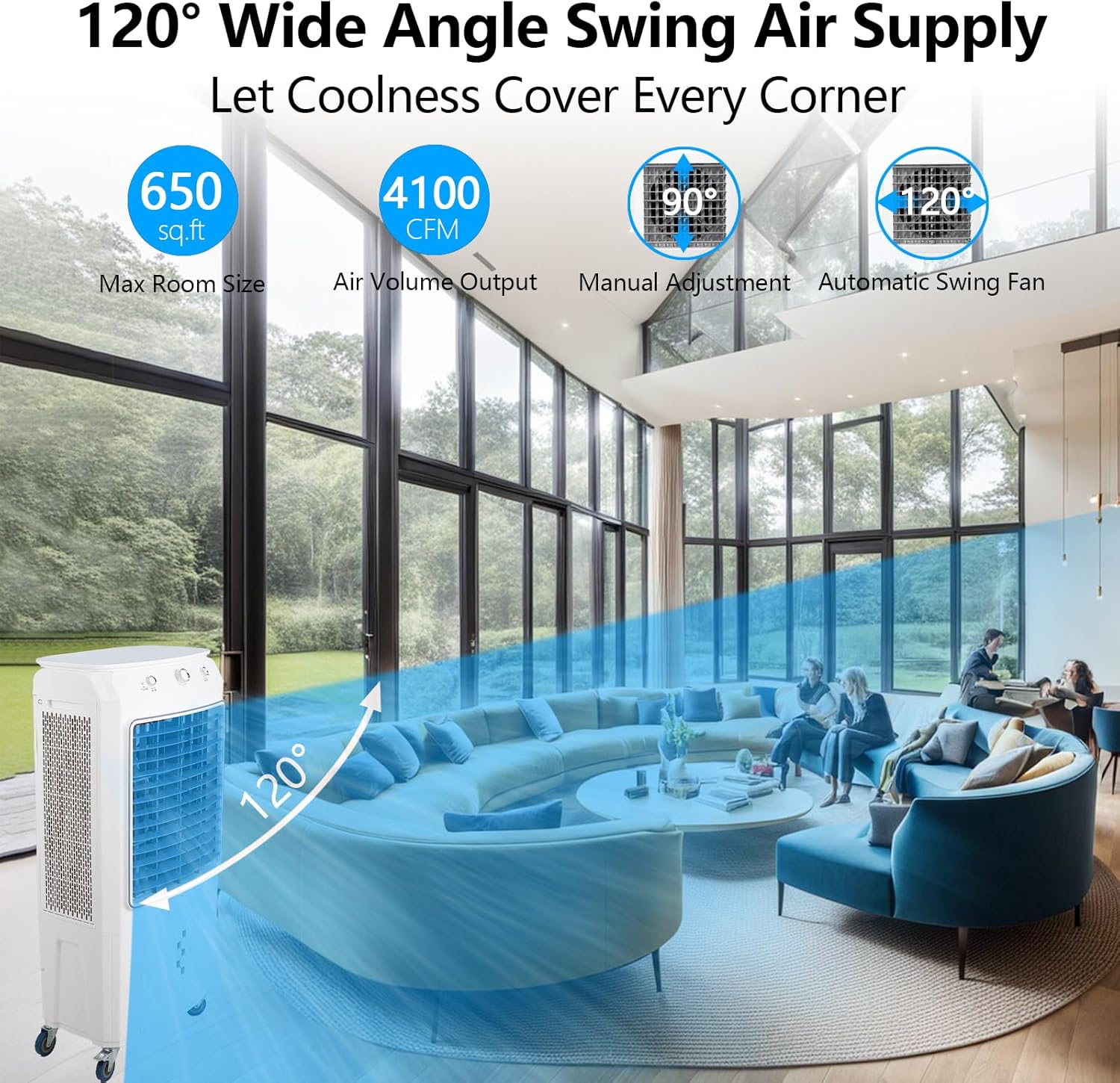 4100CFM SwiftCool Swamp Cooler with Remote, 4 Ice Packs, 3 Modes & Speeds for Indoor Outdoor Use - 15.8 Gallon