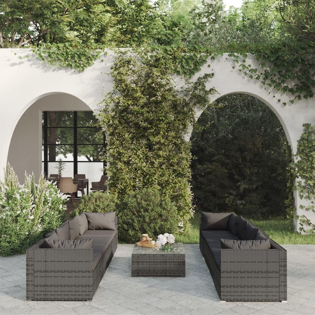 Furniture Sets 9 Piece Patio Lounge Set with Cushions Poly Rattan Gray,Modular Rattan Patio Lounge Set with Cushions for Outdoor Comfort and Style Garden Conversation Sets
