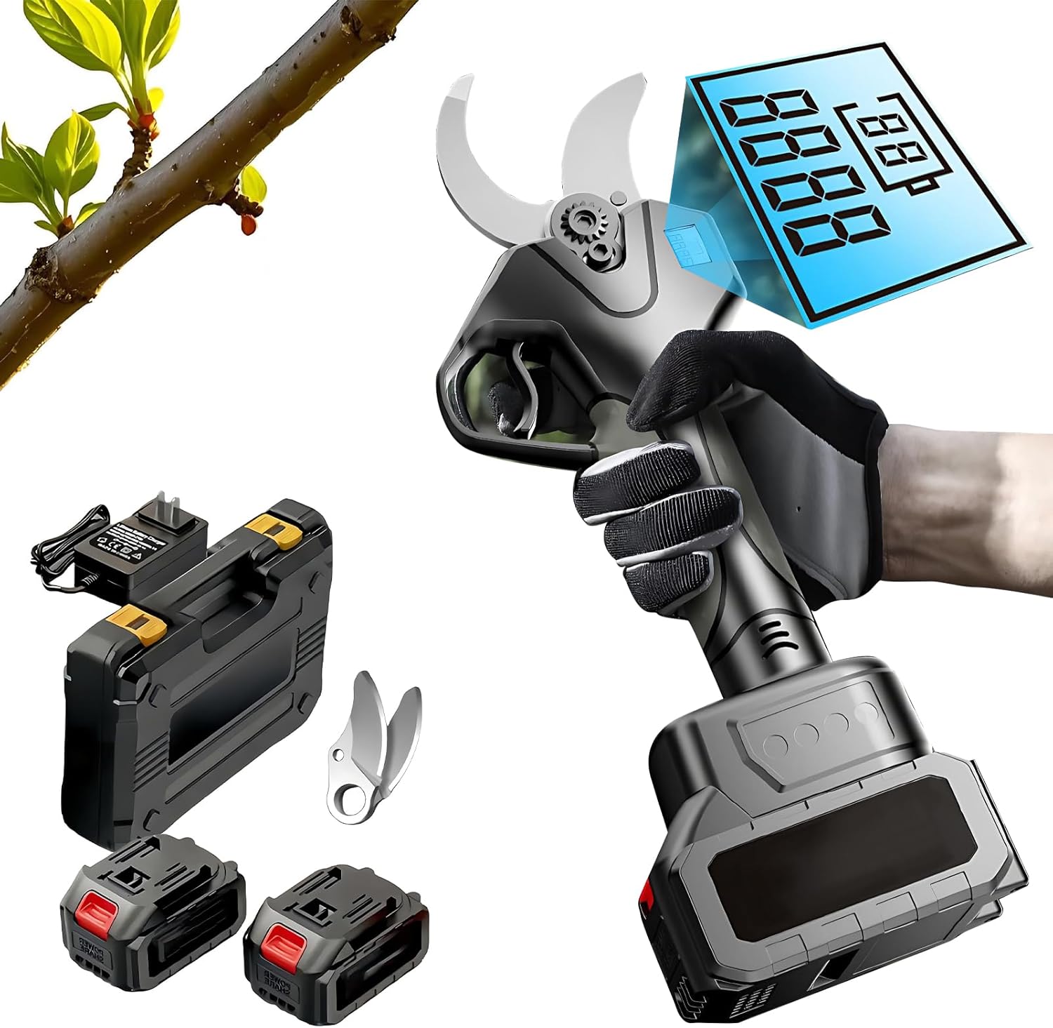 Electric Pruning Shears Kit with Pole Attachment, 2-in-1 Cordless Pruner, 21V Brushless Motor, 1.6