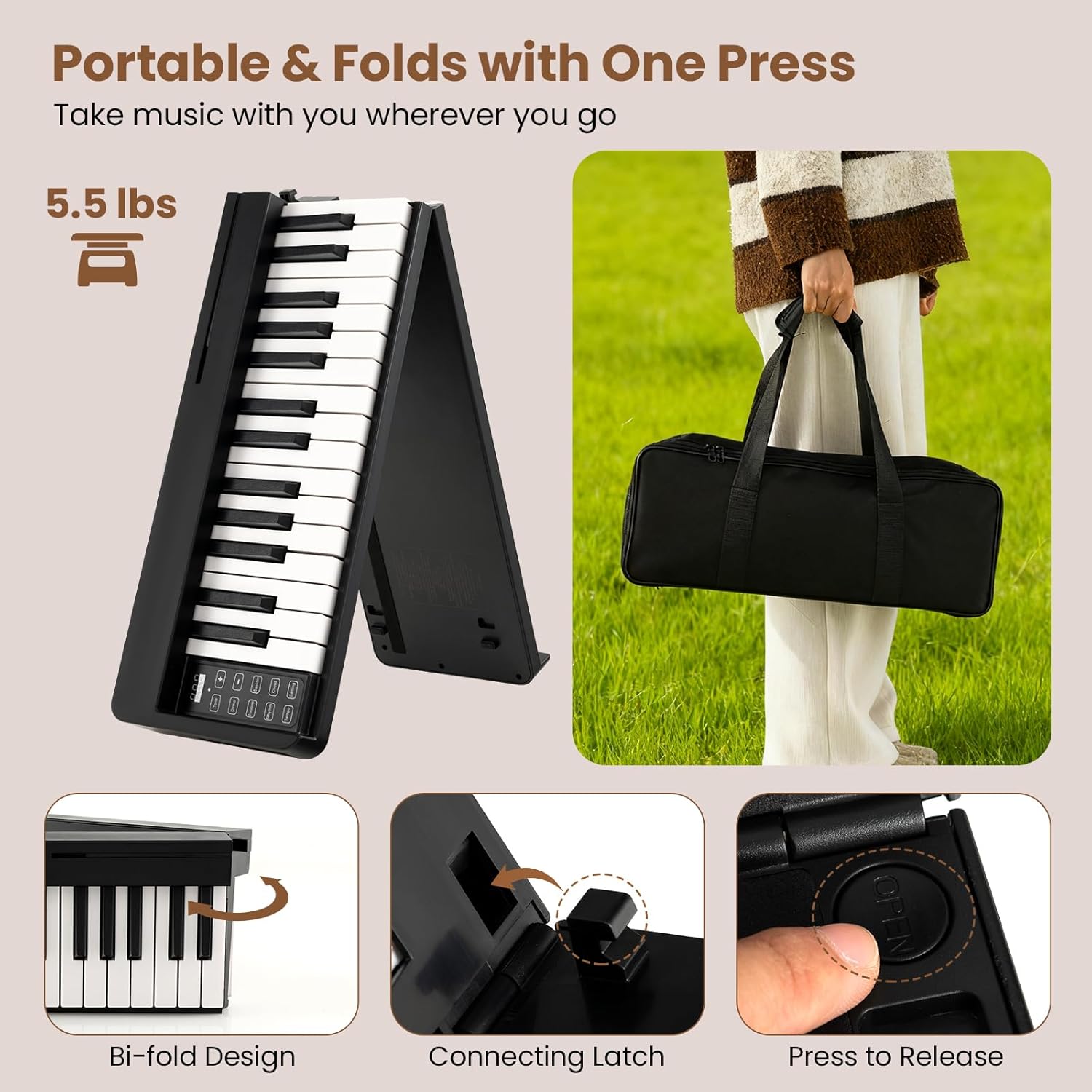 HONEY JOY 61 Key Keyboard Piano, Folding Digital Music Keyboard w/MIDI, Sustain Pedal, 128 Tones, 128 Rhythms, Microphone, Carrying Case, Music Stand, Portable Electric Piano for Beginners, Black