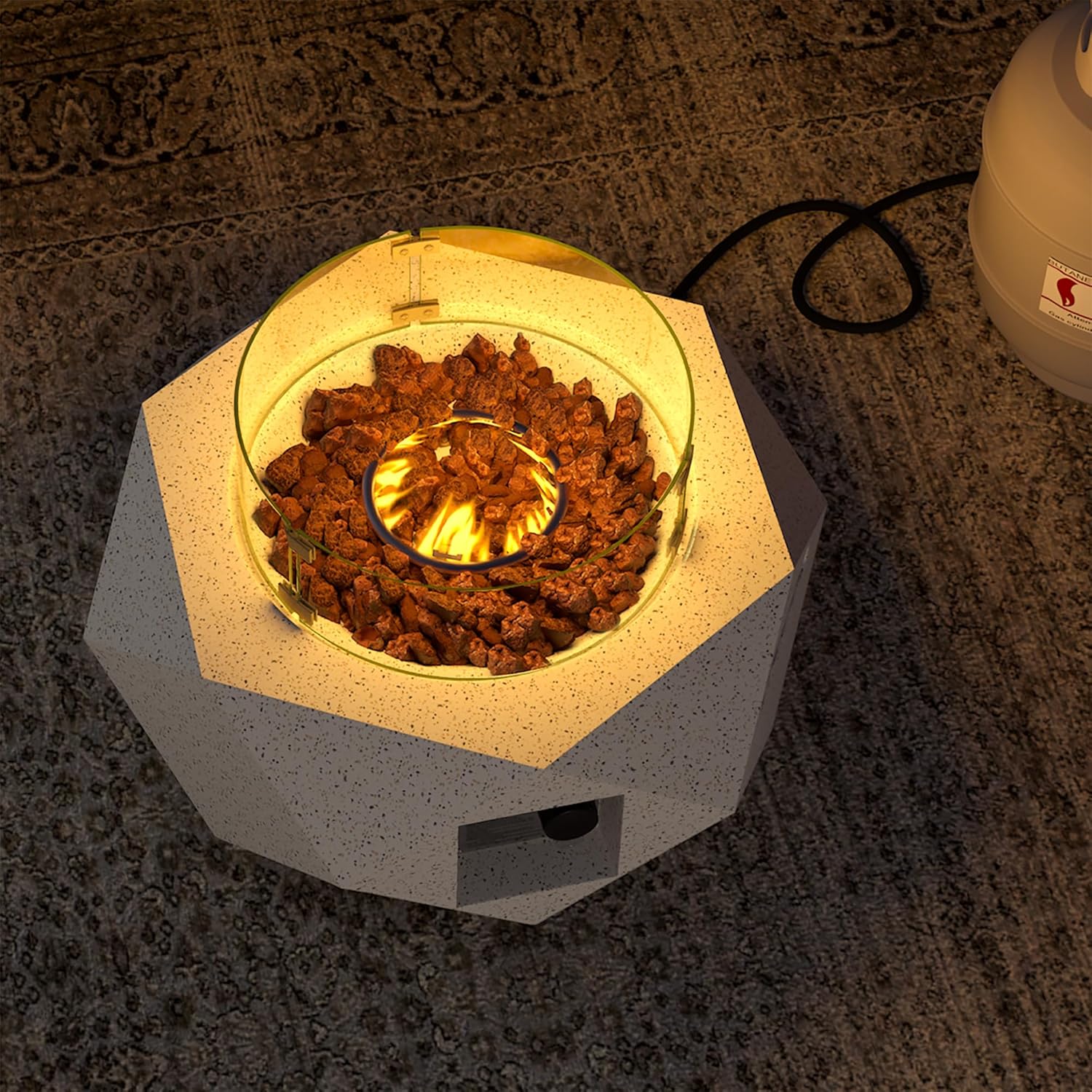 SUNBURY Outdoor Propane Fire Pit Table, 28 Inch Patio Gas Fire Table 50,000 BTU Small Fire Pit for Outside in Spotted White w Glass Wind Guard, Lava Rocks