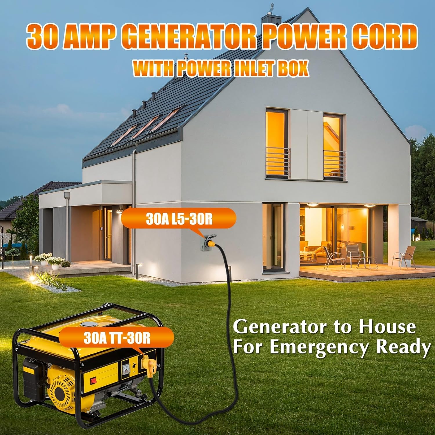 Kanayu 15FT 30 Amp RV Generator Cord and Power Inlet Box Compatible with NEMA TT-30P to L5-30R Lock Generator Extension Cord with LED Indicator Pre-Drilled L5-30P Inlet Box, ETL Listed