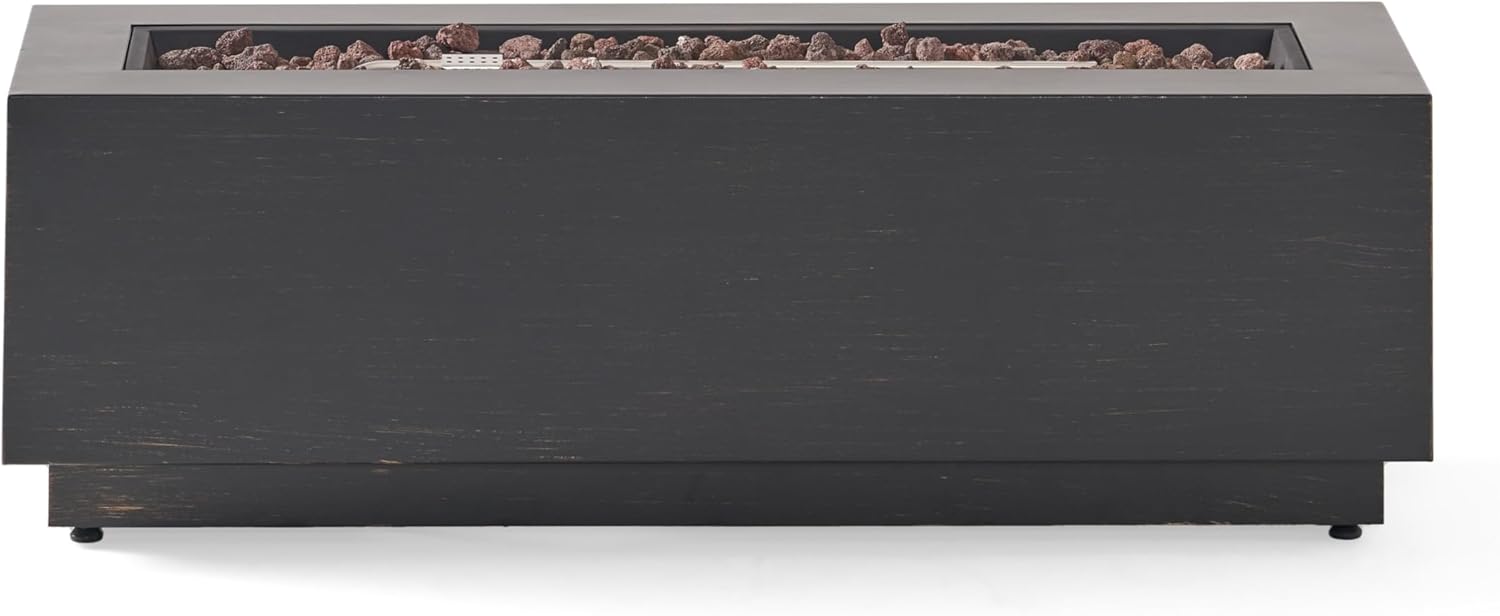 Benjara Outdoor Fire Pit, Dark Brown, Gold Iron Frame Rectangular 48 Inch