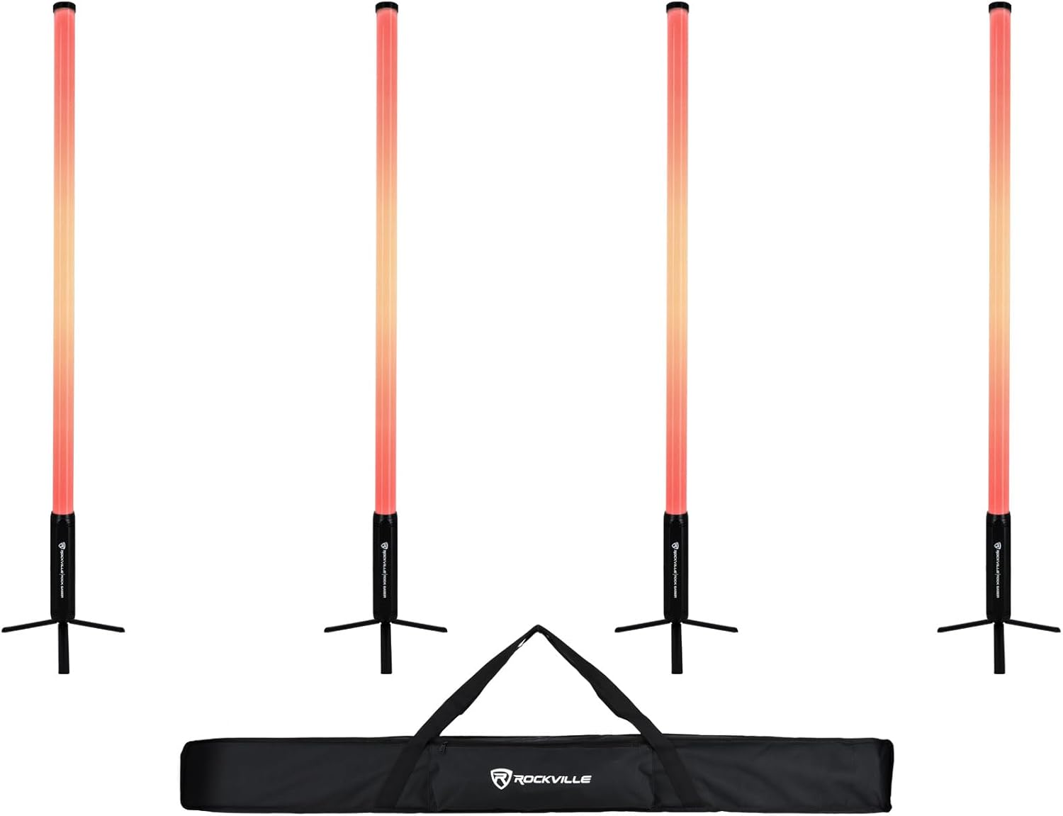 Rockville 4X Rock Saber Black Wireless DMX DJ Tube Lights, 5ft, 23H Battery, 192 RGBWA LEDs, IP65 Indoor/Outdoor, App Control+Remote, Padded Bag, Floor Stand/Truss Mount, Pro Stage Lighting
