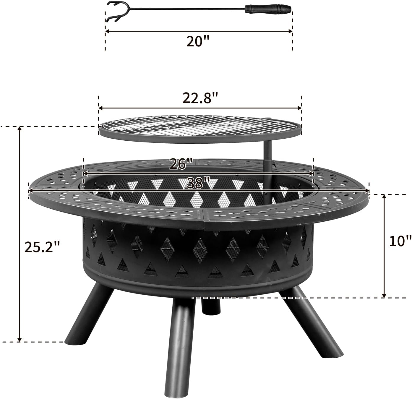 38-inch Black Metal Fire Pit with Adjustable Cooking Grates - Large Outdoor Wood-Burning Bonfire Pit for Patio, Backyard & Garden Gathering​