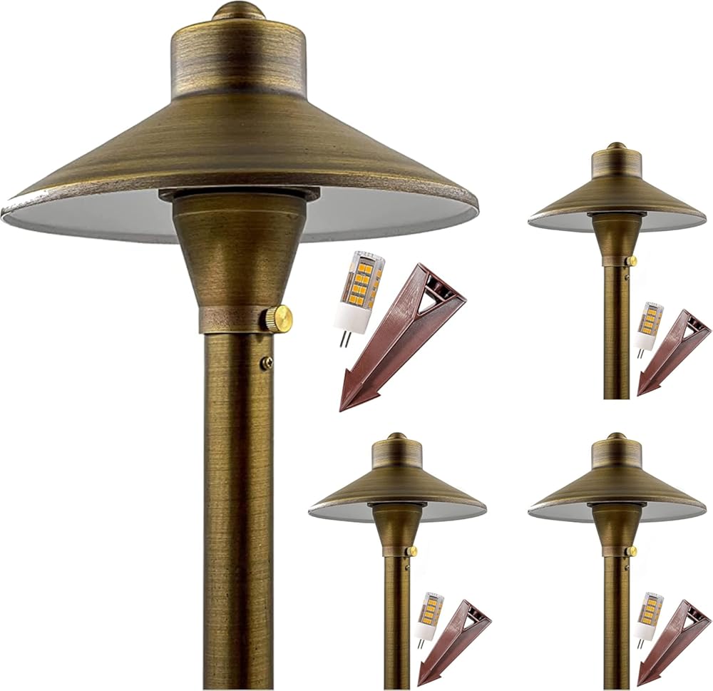 LED Low Voltage Pathway Lights 121- Solid Brass Outdoor Landscape Lights for Garden Pathway & Driveway Outdoor Lighting, 12V Landscape Lighting with Ground Stake & G4 LED Bulb (4 Pack Wide Top 8-1/2