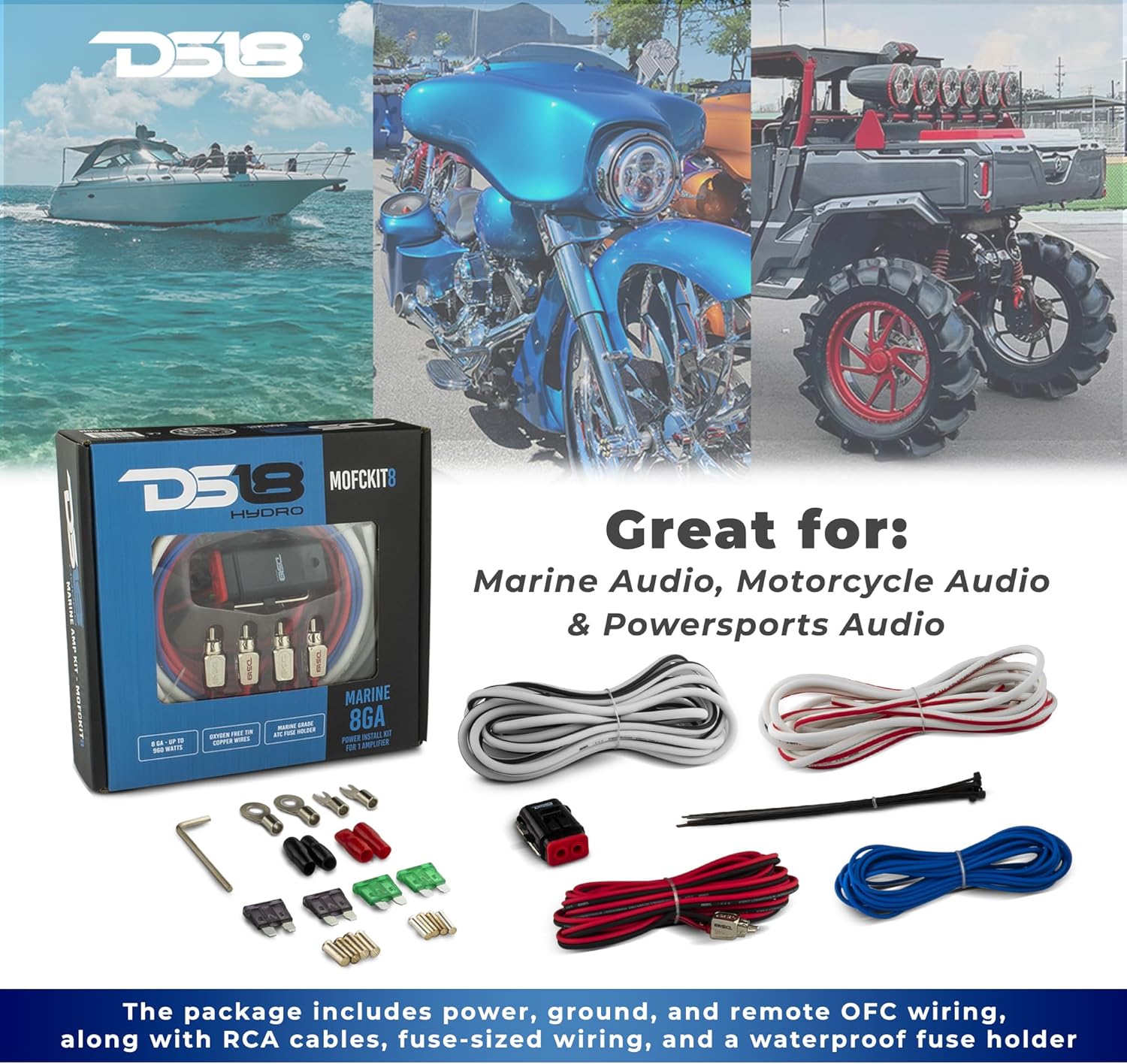 DS18 Hydro MOFCKIT8 8 Gauge Marine Tinned Amplifier Installation Wiring Kit – Up to 960 Watts, OFC 100% Cooper