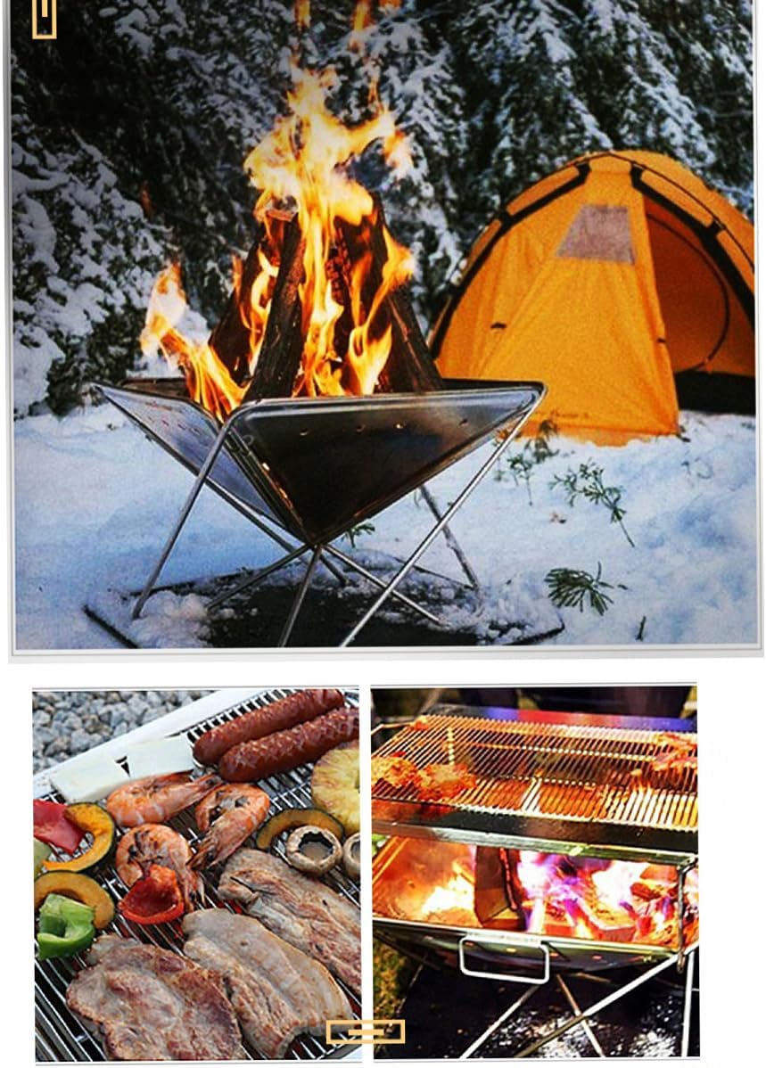 Portable Stainless Steel Outdoor Grill for Wood Burning Folding Fire Pit Camping Heater Charcoal Grill Bonfire Pit for Outdoor Use, Large Size: 15.75X15.75X14.17-inch