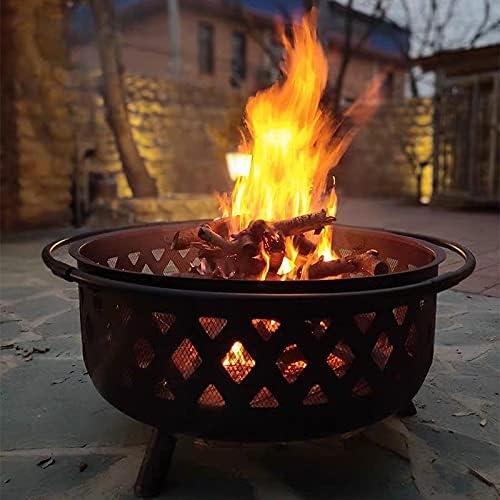 Portable Fire Pit & Bowl, Large Outdoor Fire Pit w/Spark Screen & Handle Ring, Bonfire Wood Burning Heating Basin, Round Firepit Heater