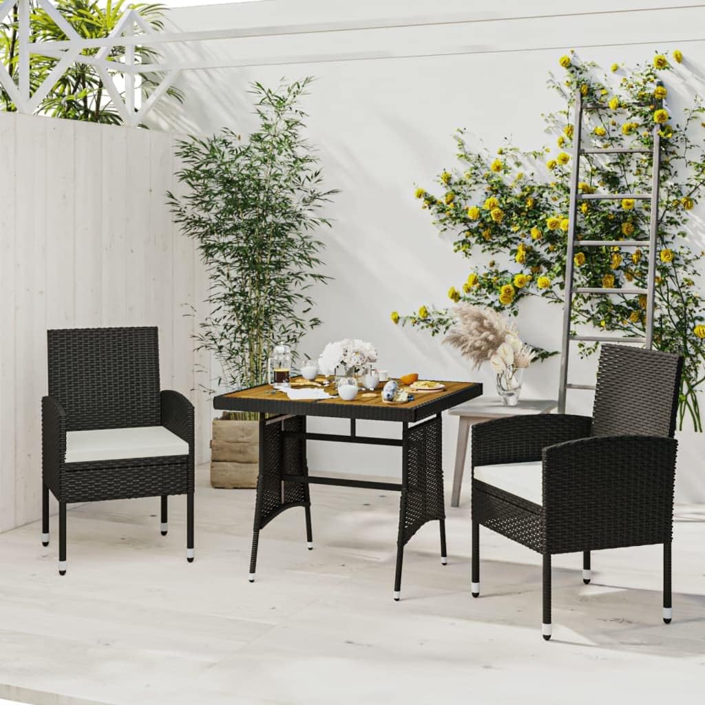 3-Piece Outdoor Dining Set, Black PE Rattan, Steel Frame, Solid Acacia Wood Top, 2 Chairs, Patio Furniture, Balcony Furniture, Garden and Terrace Use