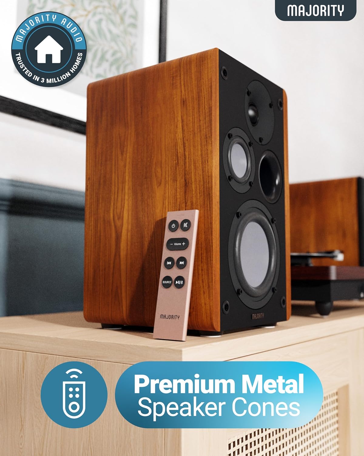 Majority Powered Bookshelf Speakers | 5.3 Bluetooth Stereo Speakers | 100W Active Bookshelf Speakers | Powered Studio Monitor Speakers with Xtra Bass & 3 Drivers D100