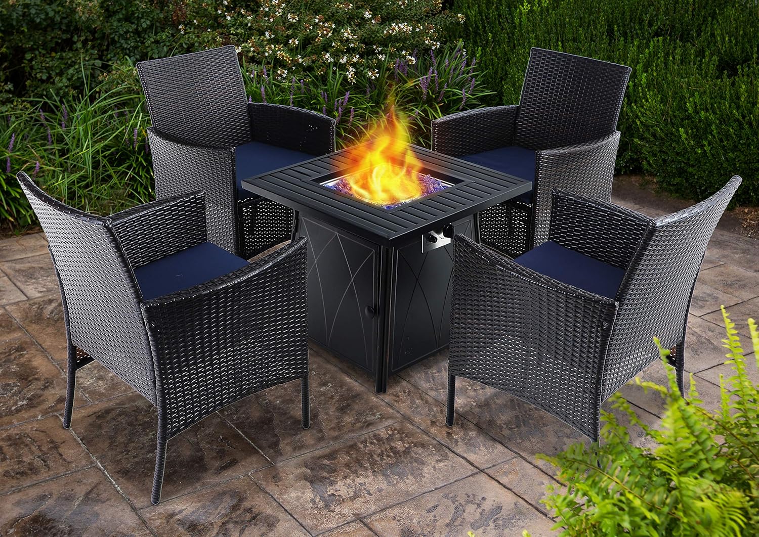 PHI VILLA 28” Propane Fire Table Conversation Set, 5 Piece Gas Fire Table with 4 Cushioned Wicker Chairs, Outdoor Fire Pit Dining Conversation Set for Patio, Yard