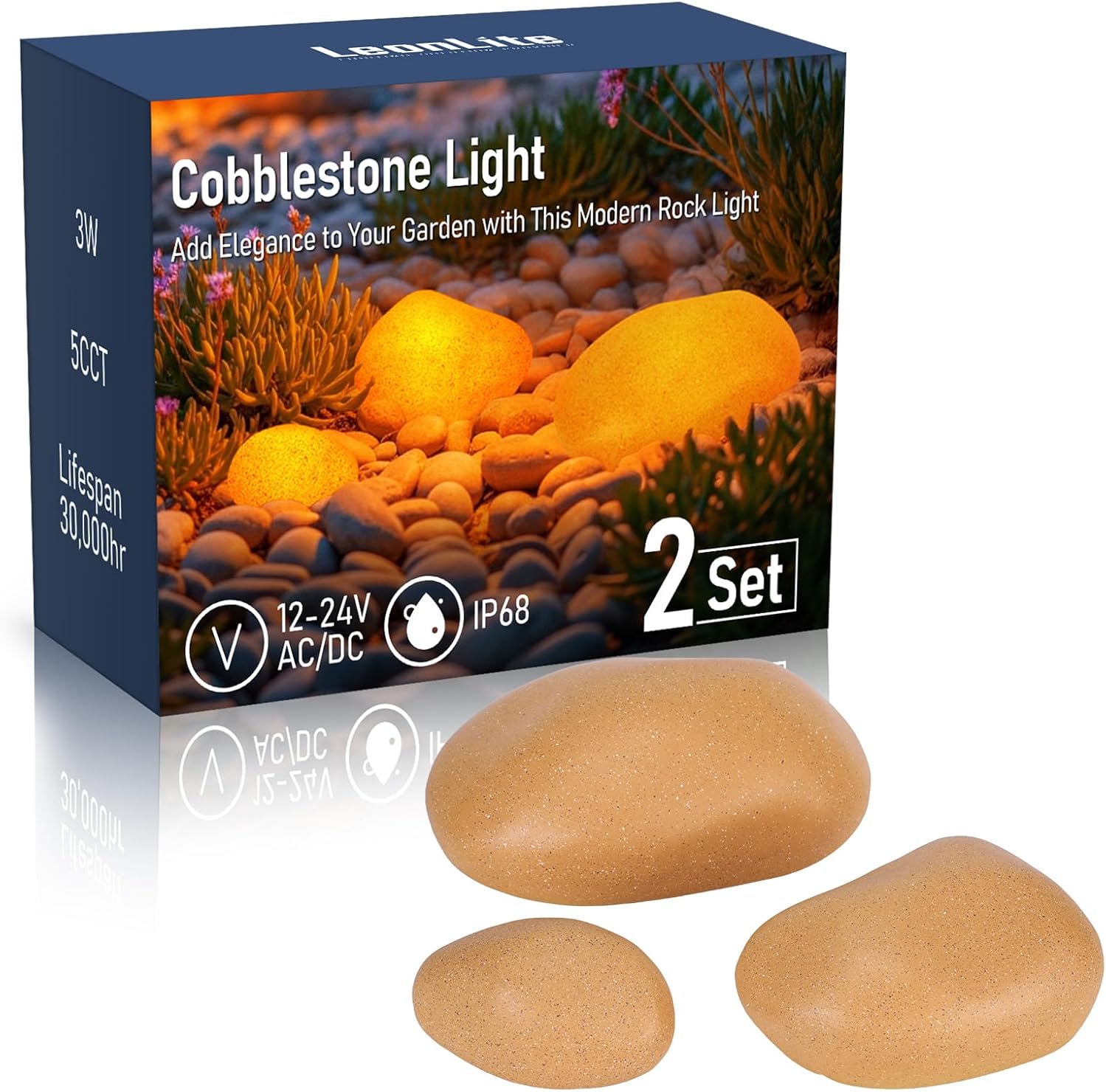 LEONLITE Low Voltage LED Rock Lights Outdoor, 12-24V AC/DC Cobblestone Pathway Lights 6Pcs, 5CCT 3W Pebble Light, 1800K/2700K/3000K/4000K/5000K Selectable, Glow Garden Light for Yard, Yellow, 2 Set