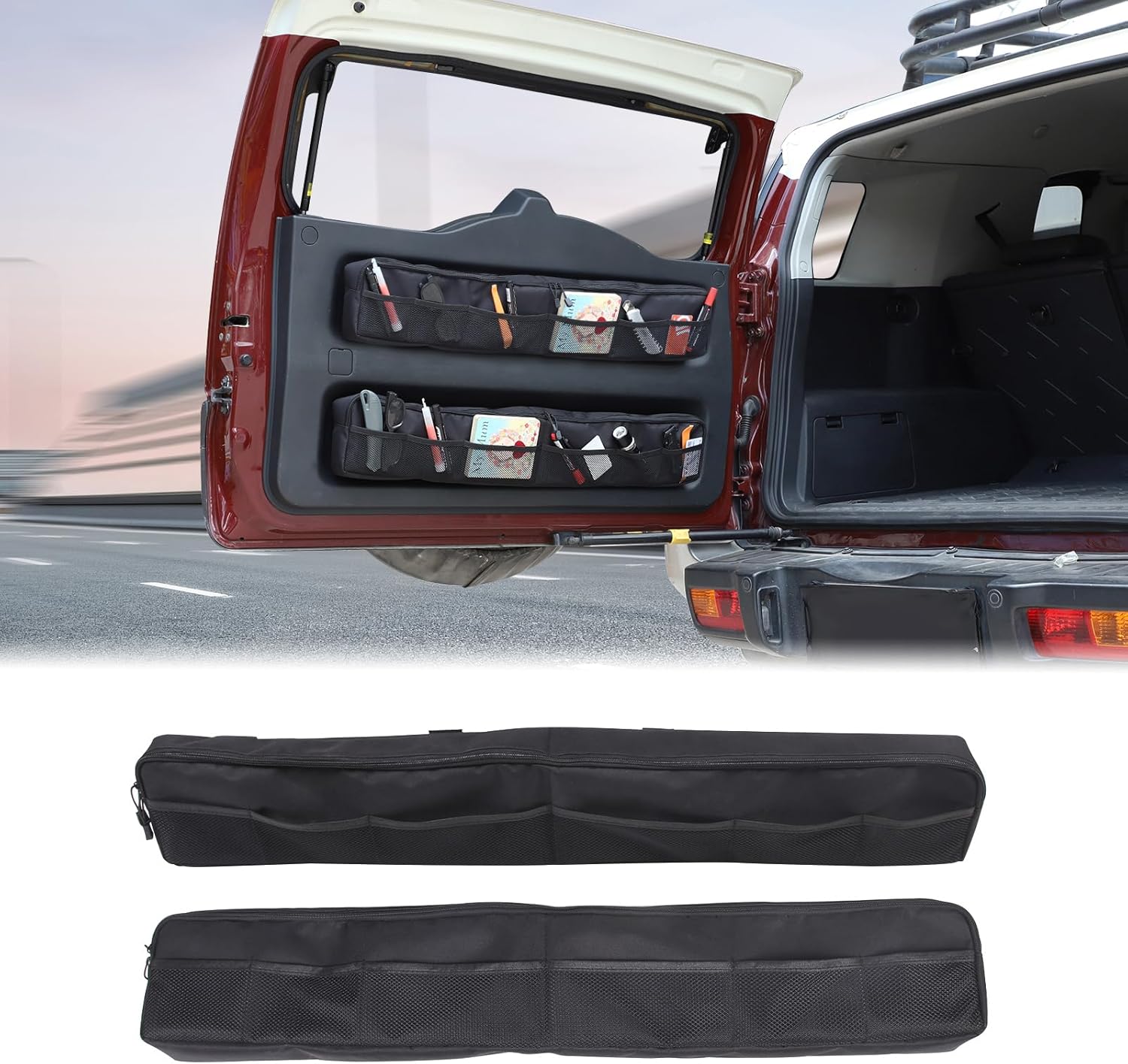 Aunginsy 2Pcs Trunk Organizer Compatible with Toyota FJ Cruiser 2007-2024+, Rear Tailgate Storage Bag Organizer Back Door Panel Storage Pockets Box Multi-Compartment Oxford Cloth Expansion Accessories