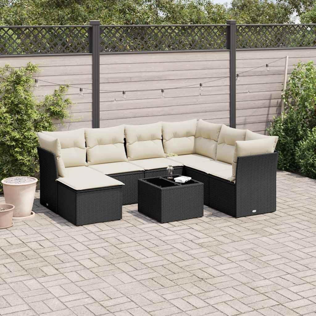 8-Piece Modular Garden Sofa Set in Black and Cream, Weather-Resistant Outdoor Furniture with Storage Cushions for Patio, Balcony, or Garden Lounge and Entertainment,