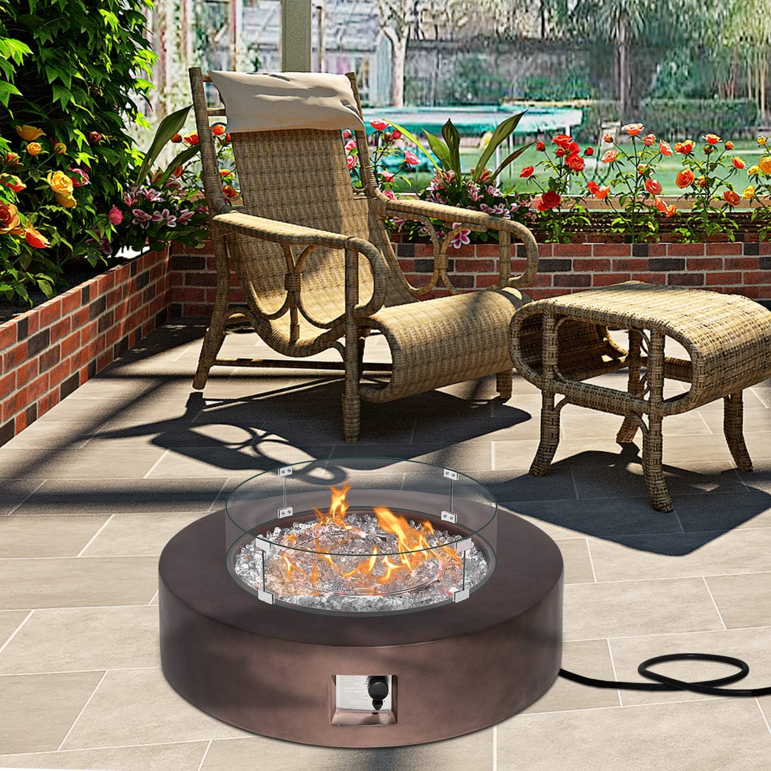 AQUILLA Outdoor Propane Fire Pit Coffe Table w Brown 42 inch Round Base Patio Heater, 50000 BTU Stainless Steel Burner w Glass Rocks, Waterproof Cover