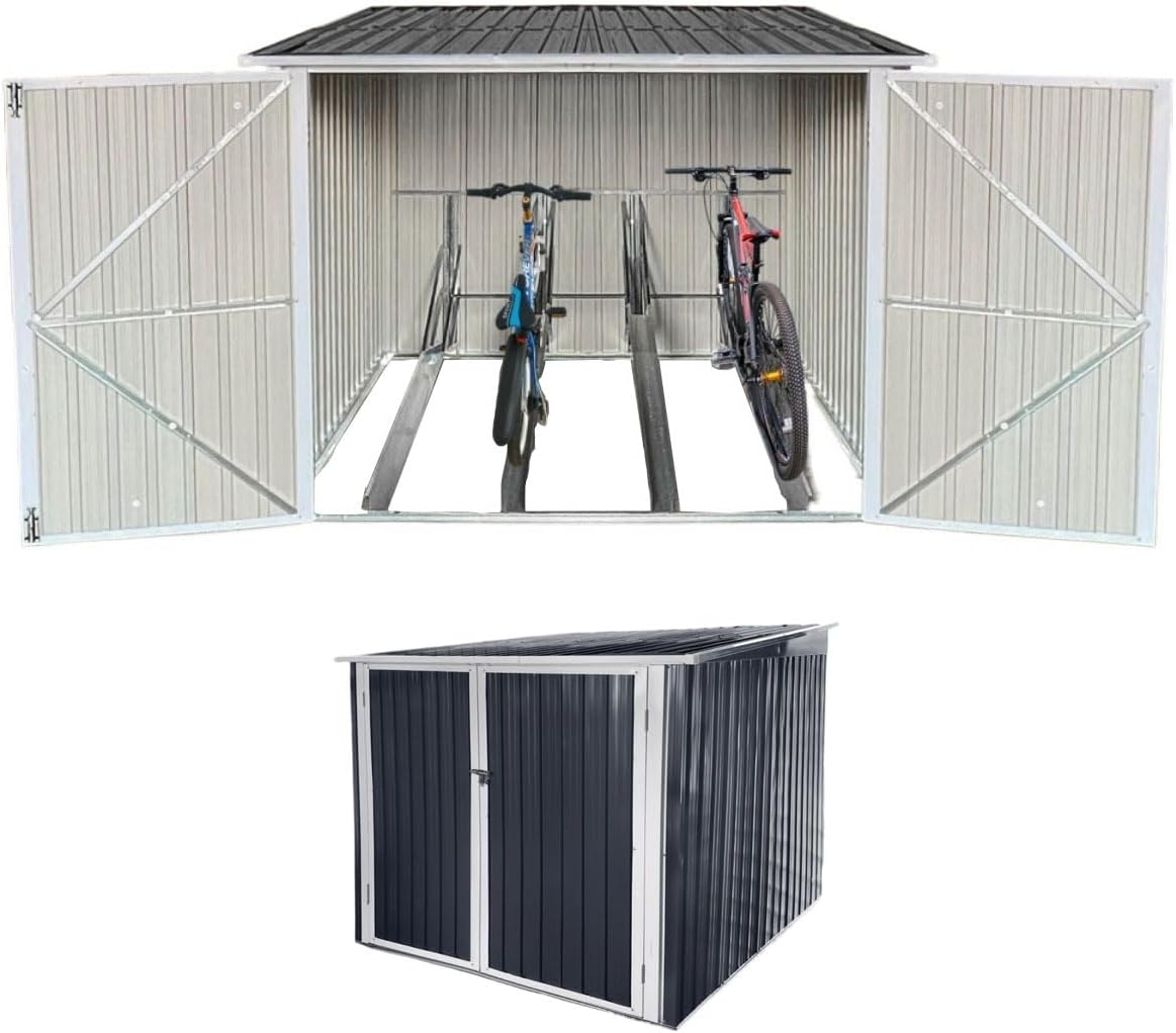 Bicycle Outdoor Steel Storage Shed, Outdoor Bike Storage House, Stores 4 Bikes with Anchor Kit, Weather Resistant Tool Storage House Shed for Garden, Backyard