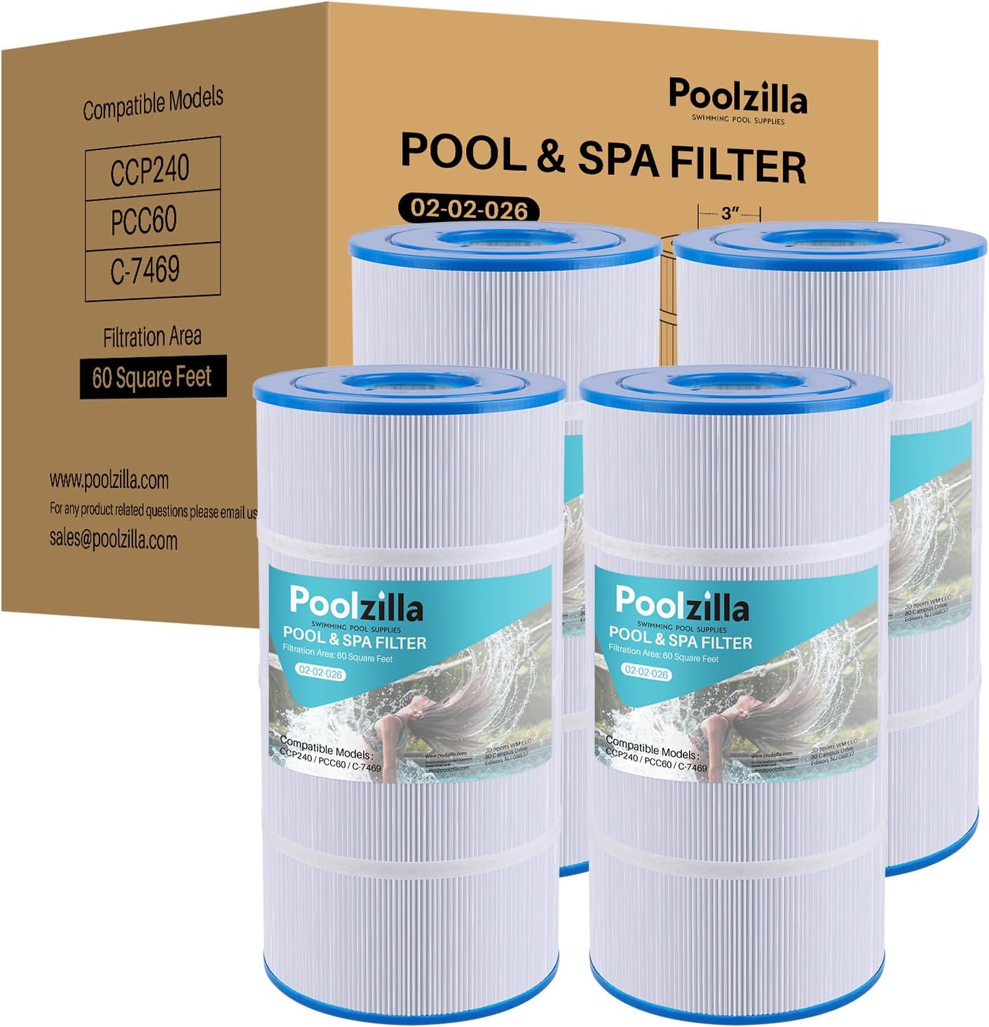 Poolzilla 4-Pack Replacement for Pool Filter PLFPCC60, Pleatco PCC60, Pentair CCP240, R173572, 178569, Unicel C-7469, Filbur FC-1975, Pure N Clean PC-1975, PC-6460 - (L x OD: 14 1/8” x 7”)