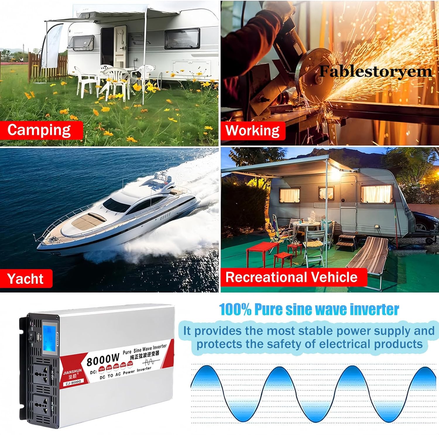 4000W 5000W 6000W 8000W Pure Sine Wave Inverter, 12V 24V 48V 60V to 120V 230V Vehicle Power Converter Car Adapter Continuous Input, with USB Ports, Off-Grid Solar Power Inverter,8000W-60V