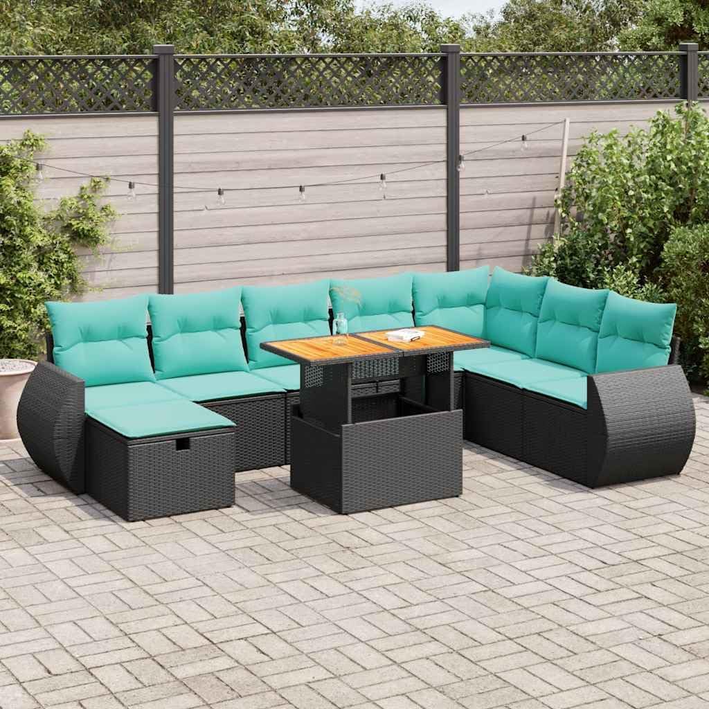 9 Piece Patio Sofa Set, Brown Poly Rattan Acacia Wood Table, Outdoor Sectional Furniture with Storage, UV-Proof Cushions for Garden