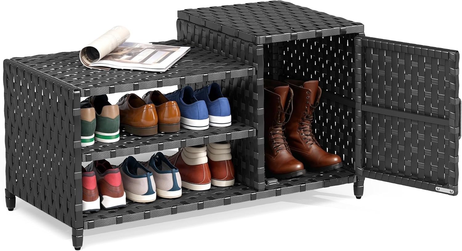 YITAHOME Wicker Pool Storage Organizer, All-weather Storage Bin Multi-functional Equipment for Pool Floats, Porch Shoe, Garden Tool, Garage (Black)