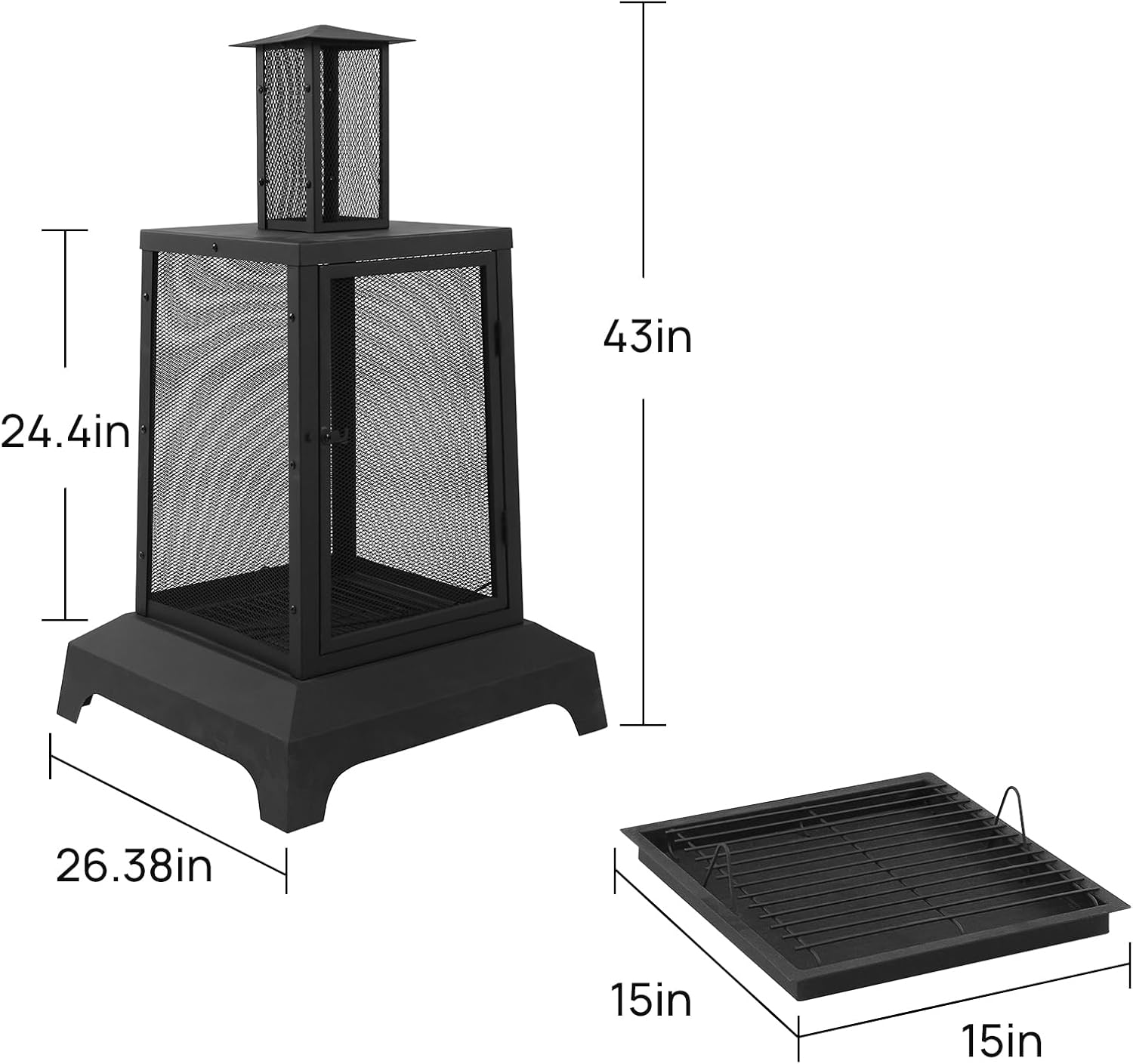 Walsport Chiminea Outdoor Fireplace, 43 Inch Wood Burning Fire Pit with Grill Grate and Spark Screen Cover, Outdoor Fire Pit for Patio, Backyard, Deck Porch and Camping (Black) ﻿