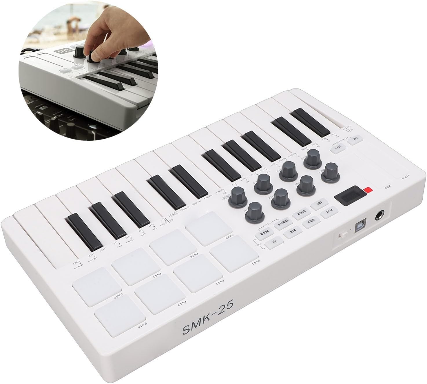 Asixxsix MIDI Keyboard Controller 25 Keys, Wireless Bluetooth Mini Portable Beat Maker Machine with 8 Backlit Drum Pads 8 Knobs 2 Capacitive Touch Strips for Music Production