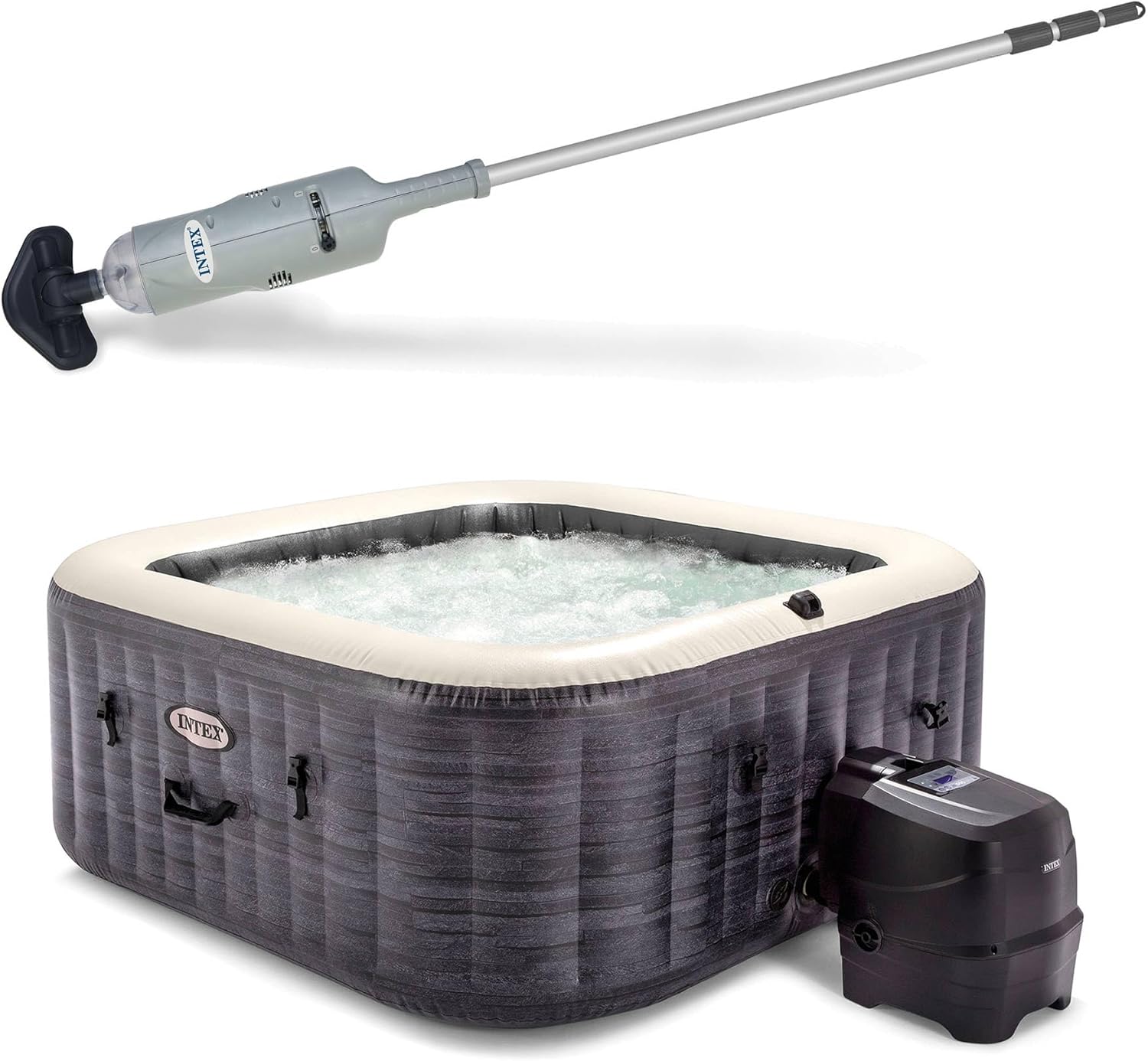 Intex Handheld Above Ground Pool Vacuum Cleaner with 2 Brush Heads and PureSpa Plus 4 Person Inflatable Square Hot Tub Spa, Greystone