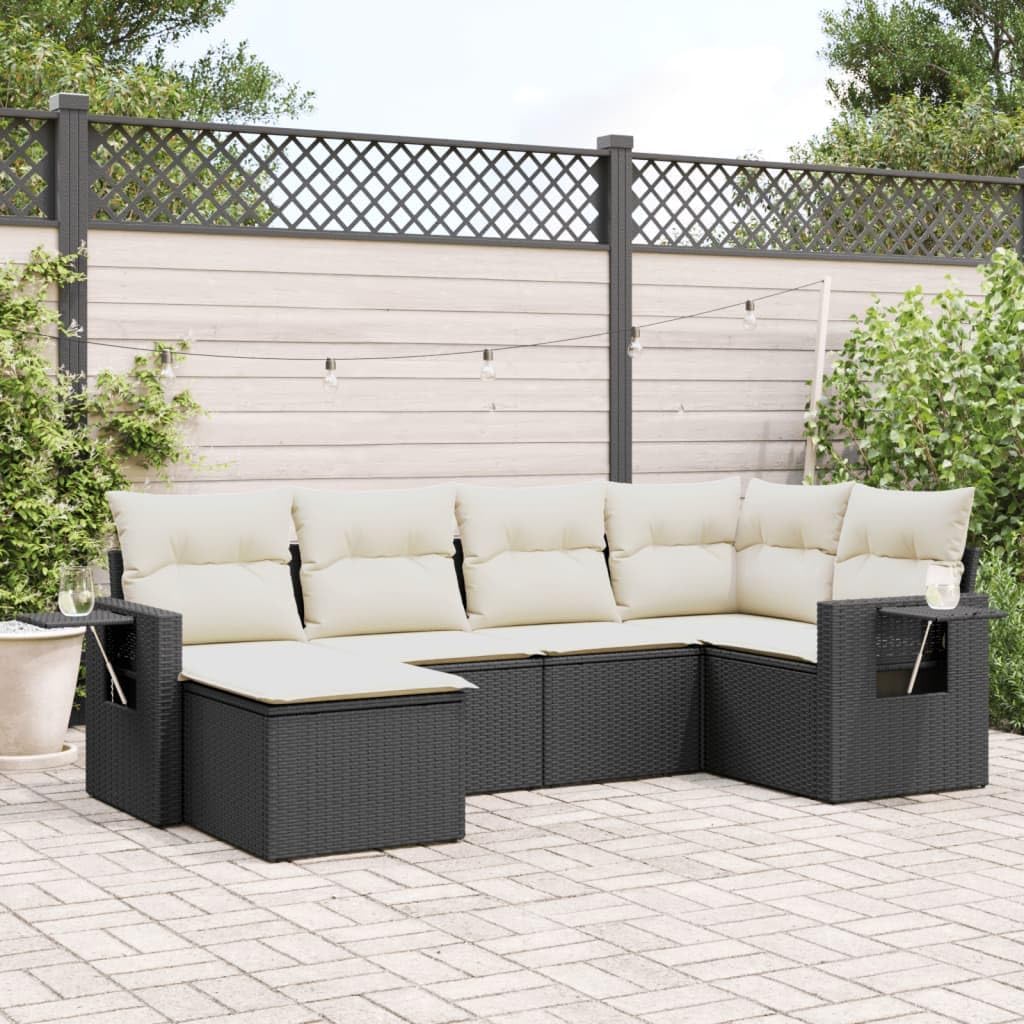6 Piece Modular Garden Sofa Set, Black Synthetic Poly Rattan, Cream White Cushions, Outdoor Patio Furniture for Backyard, Terrace, Seating for 6 People