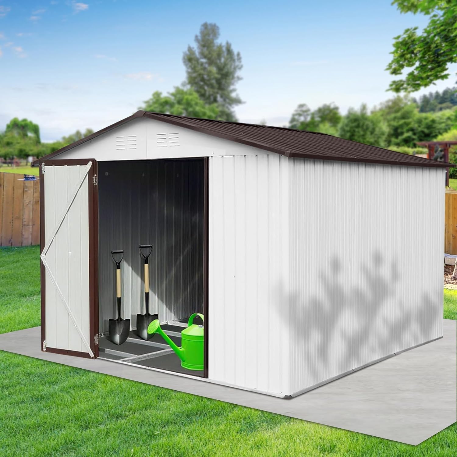 10 x8 FT Metal Outdoor Storage Shed & Double Hinged Large Door - Heavy-Duty Shed with Floor, Lockable & Ventilation - Rainproof Windproof Large Utility Garden Shed for Backyard Patio Lawn - Brown
