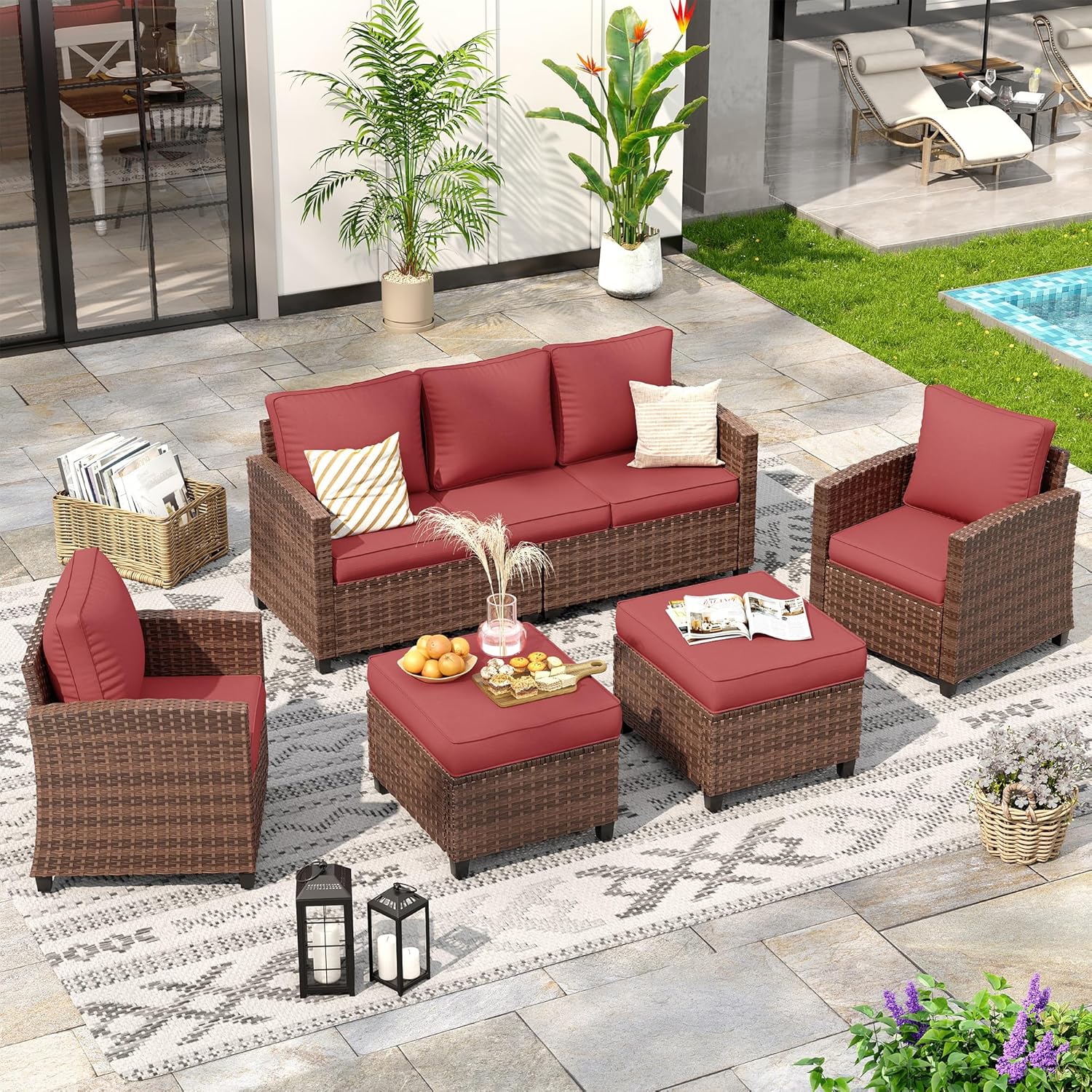 Patio Furniture Set, 5 Pieces Outdoor Sectional Couch with Chairs, Ottomans and Thick Cushions, All Weather Wicker Rattan Patio Conversation Set, Wine Red