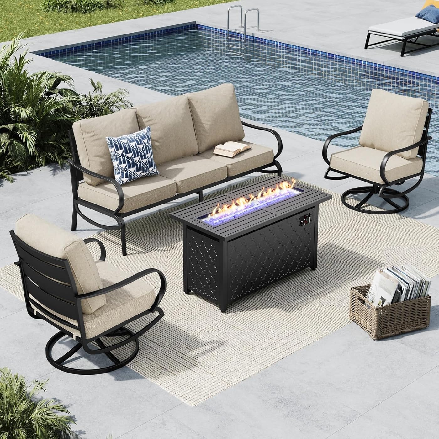 MFSTUDIO 4 Pieces Patio Conversation Sets, All Weather Metal Frame Outdoor Furniture Set Patio Sofas with 1 x 45 Rectangular Propane Fire Pit Table, 1 x 3-Seat Sofa, 2 x Swivel Chairs, Beige Cushion