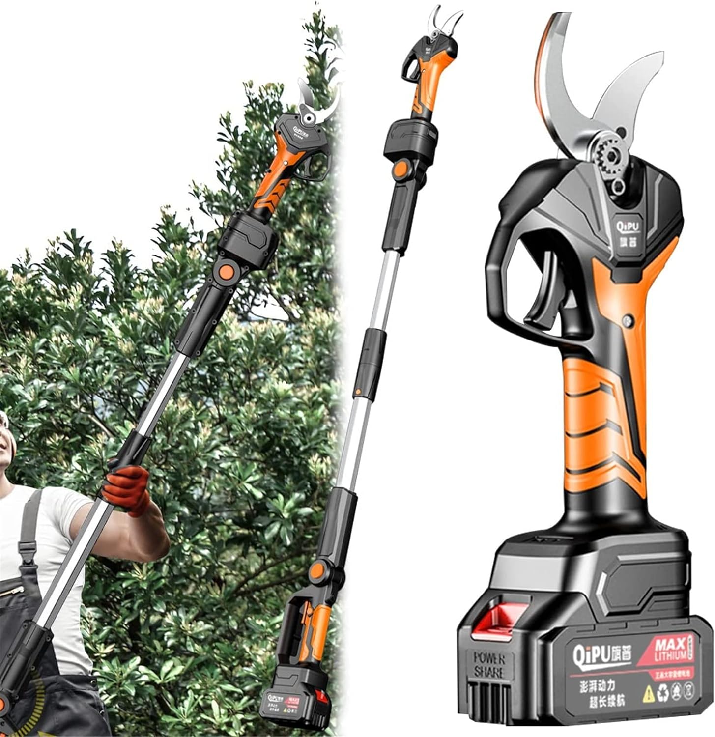Cordless Electric Pruning Shear Telescopic Pole, Professional Gardening Power Pruner 2 Rechargeable Lithium Battery, Max Cutting Diameter 40mm