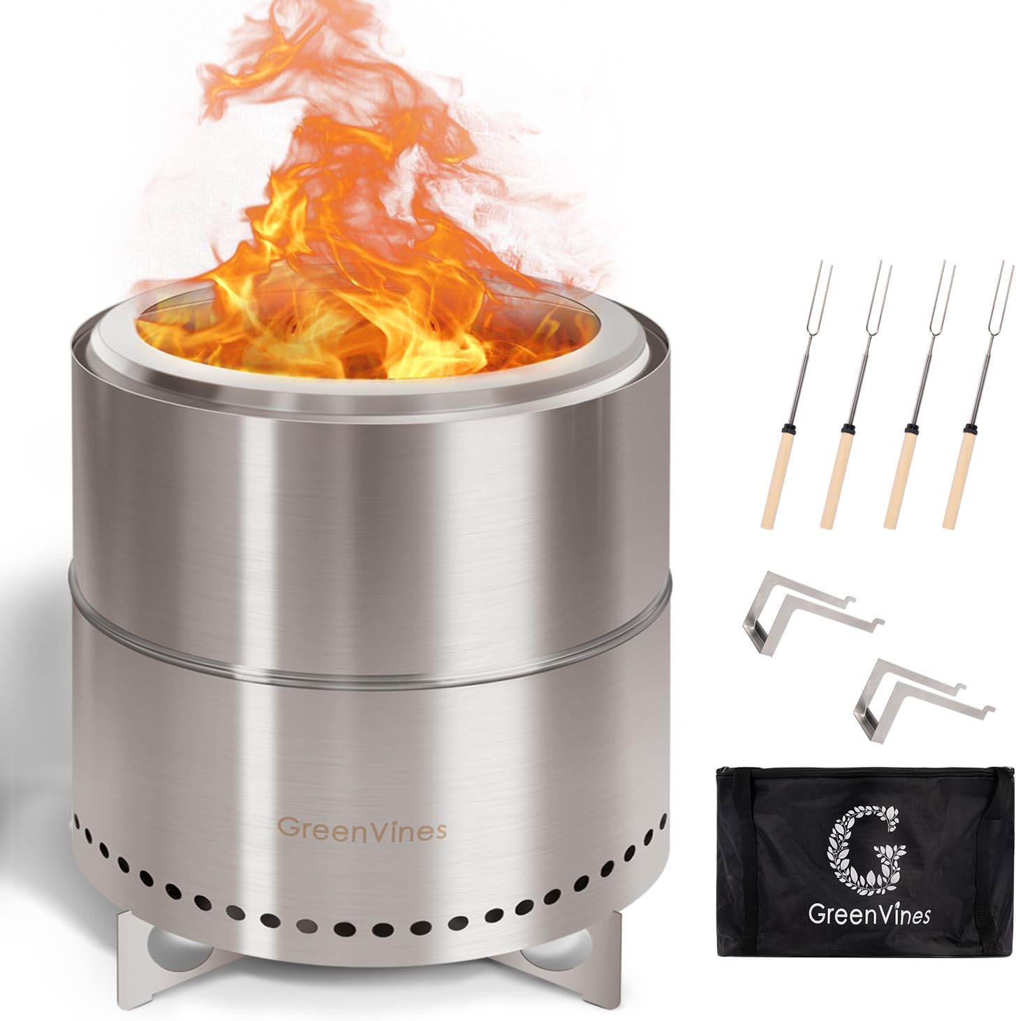 GREENVINES Smokeless-Fire-Pit | 15-Inch | 304 Stainless-Steel-Firepit | Portable Outdoor Pits with Stand for Camping | Bag & Sticks & Holders | Solo Wood Burning Bonfire | Low Smoke Stove