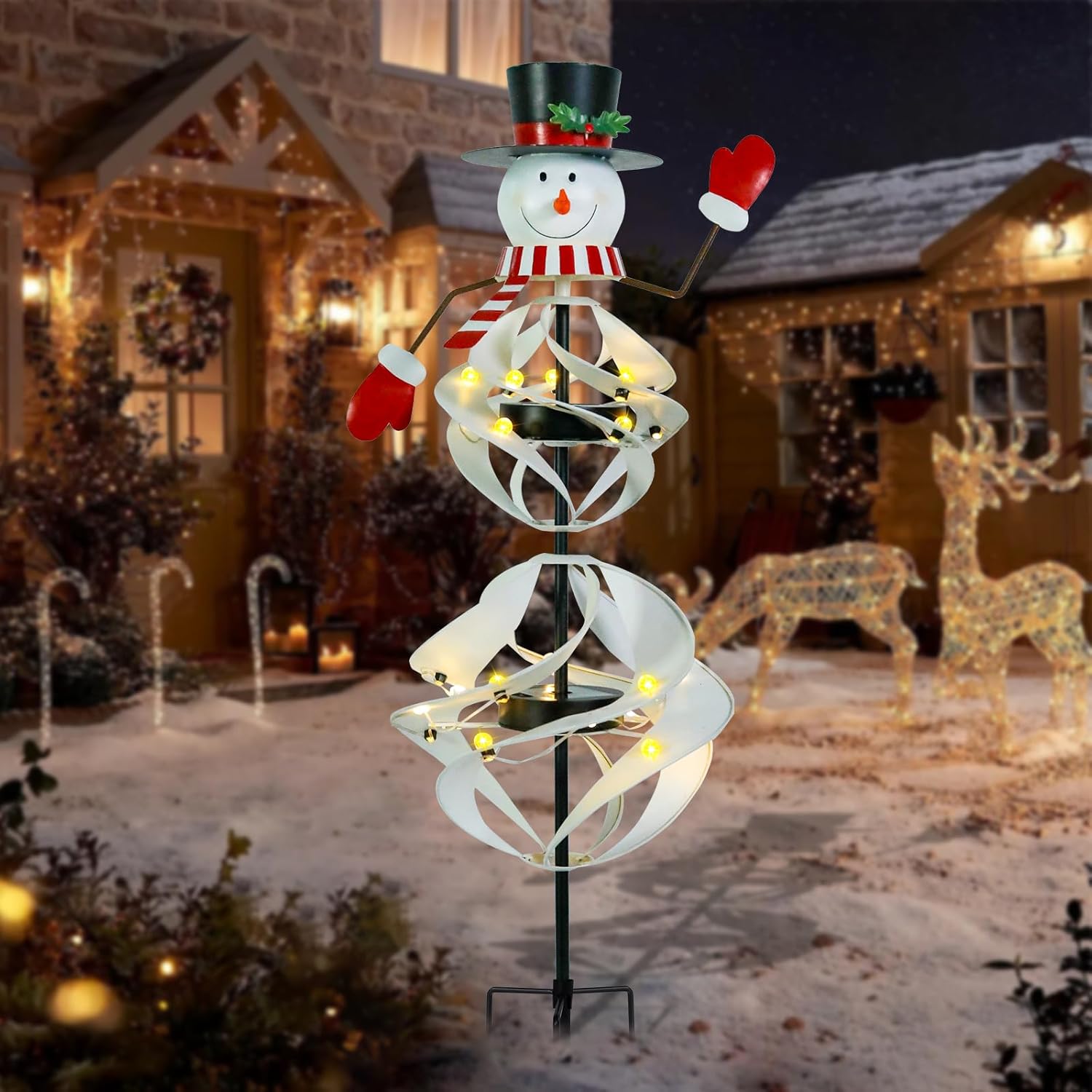 Outdoor Christmas Decorations Snowman Solar Wind Spinner Lighted Christmas Yard Stakes Outdoor Xmas Metal Wind Spinner Stake for Garden Lawn Pathway Party Decoration