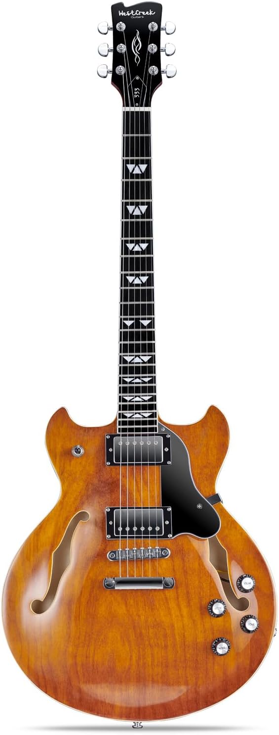 WestCreek 333 Electric Guitar with 6 String, Semi Hollow Body Jazz Electric Guitar, Humbucker Pickups, Rosewood Fretboard, Rounded End Jumbo Frets, Full size