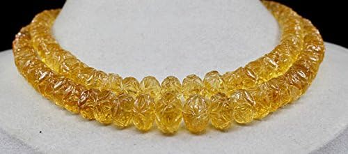 2 Line Natural Yellow Citrine Carved Round Beads Necklace 18 INCHES 13 MM to 7 MM