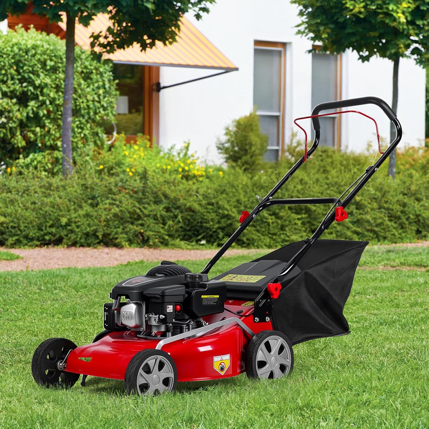 3-in-1 Self Propelled Lawn Mower, 131cc Gas Push Mower with 50L Grass Catcher, Big Wheels, Mulching, Side Discharge, Rear Bagging, 18.1-inch Cutting Width (Red)