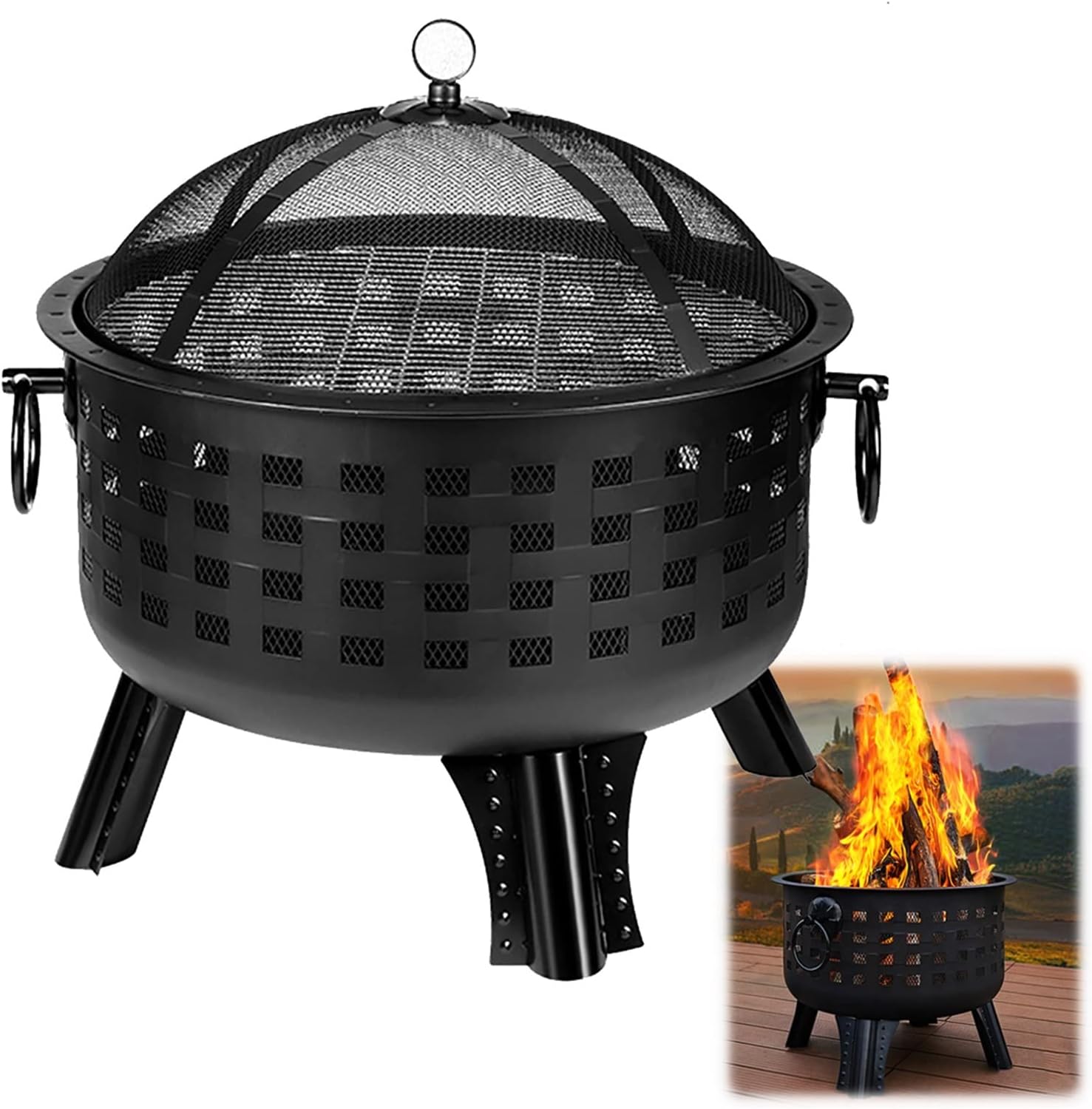 25.5inch Outdoor Wood Burning Fire Pits， Round Basin Camping Fire Pit，Household firewood Basin,with Ornate Black Base, Wood Poker, & Mesh Screen，for Patio Backyard Deck (Color : Black)